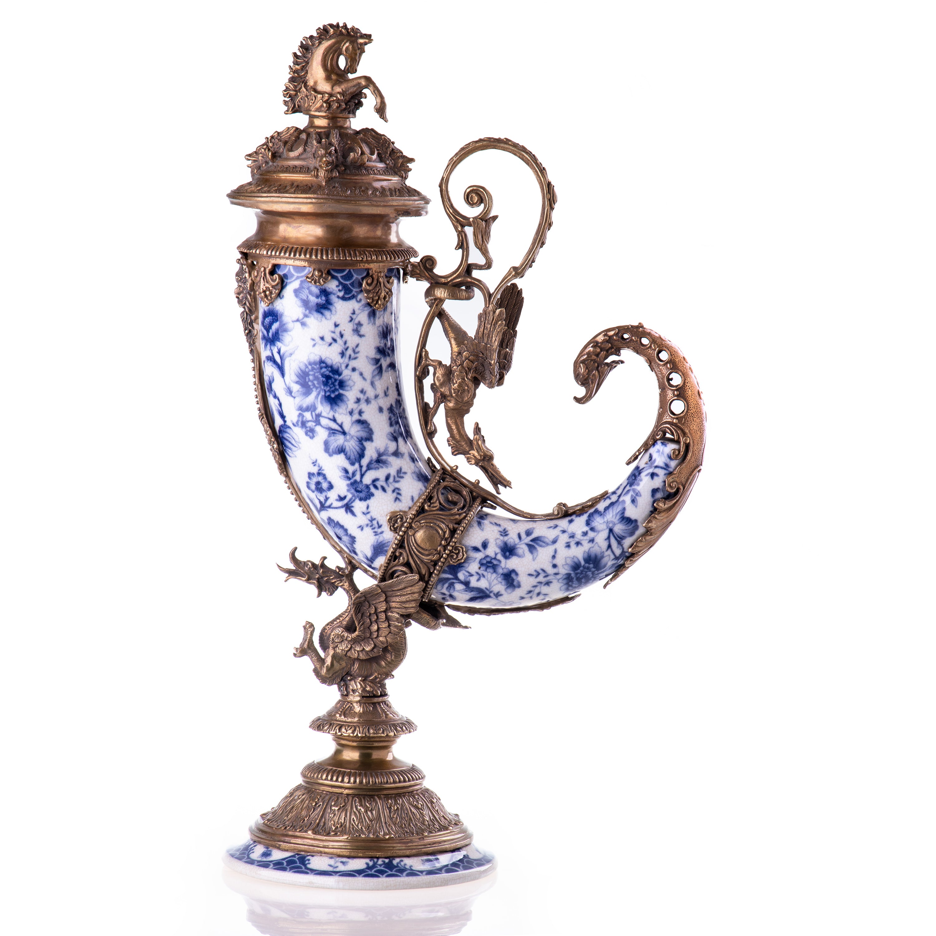 Prunkvase aus Porzellan & Bronze - Jagdhorn in Blau & Weiß