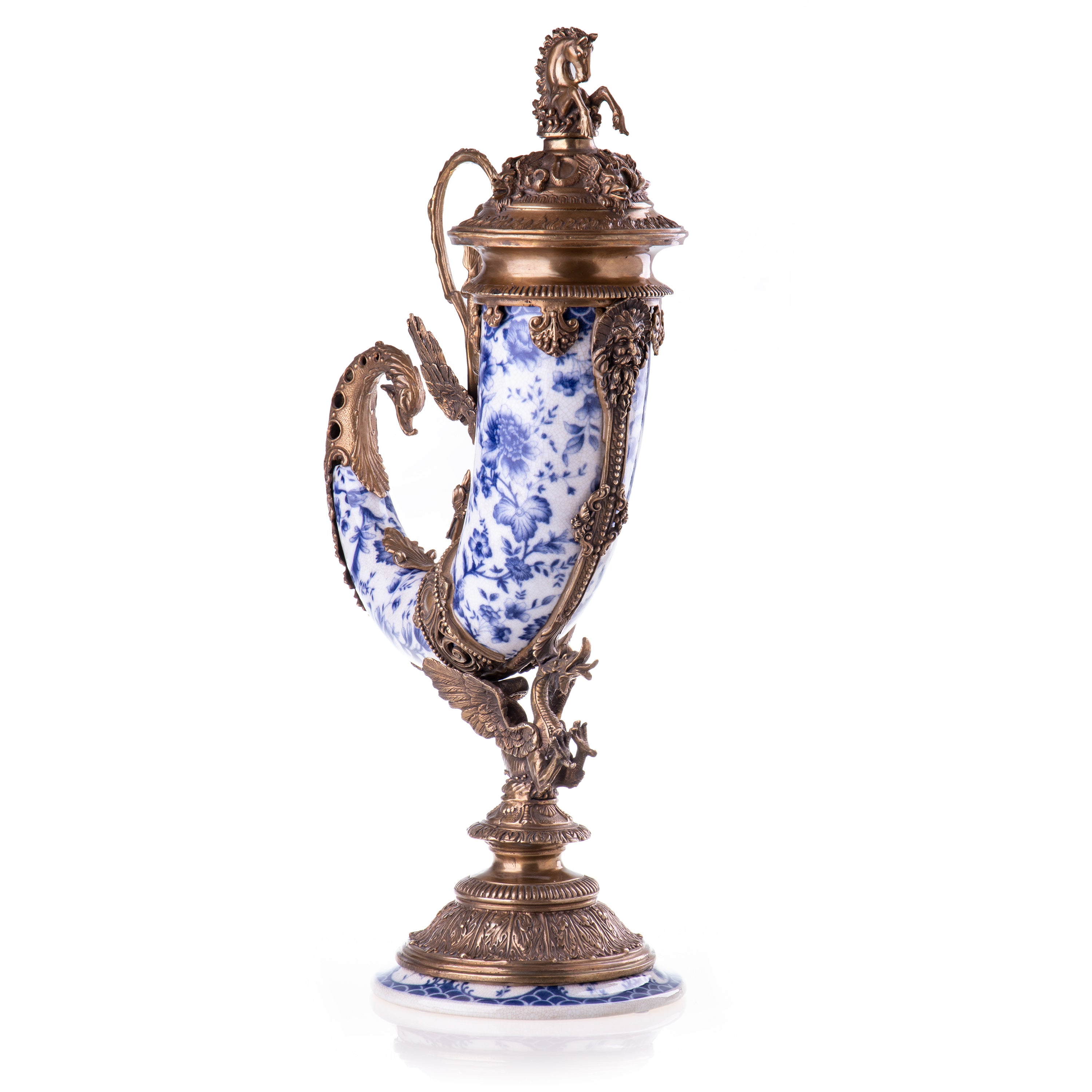 Prunkvase aus Porzellan & Bronze - Jagdhorn in Blau & Weiß