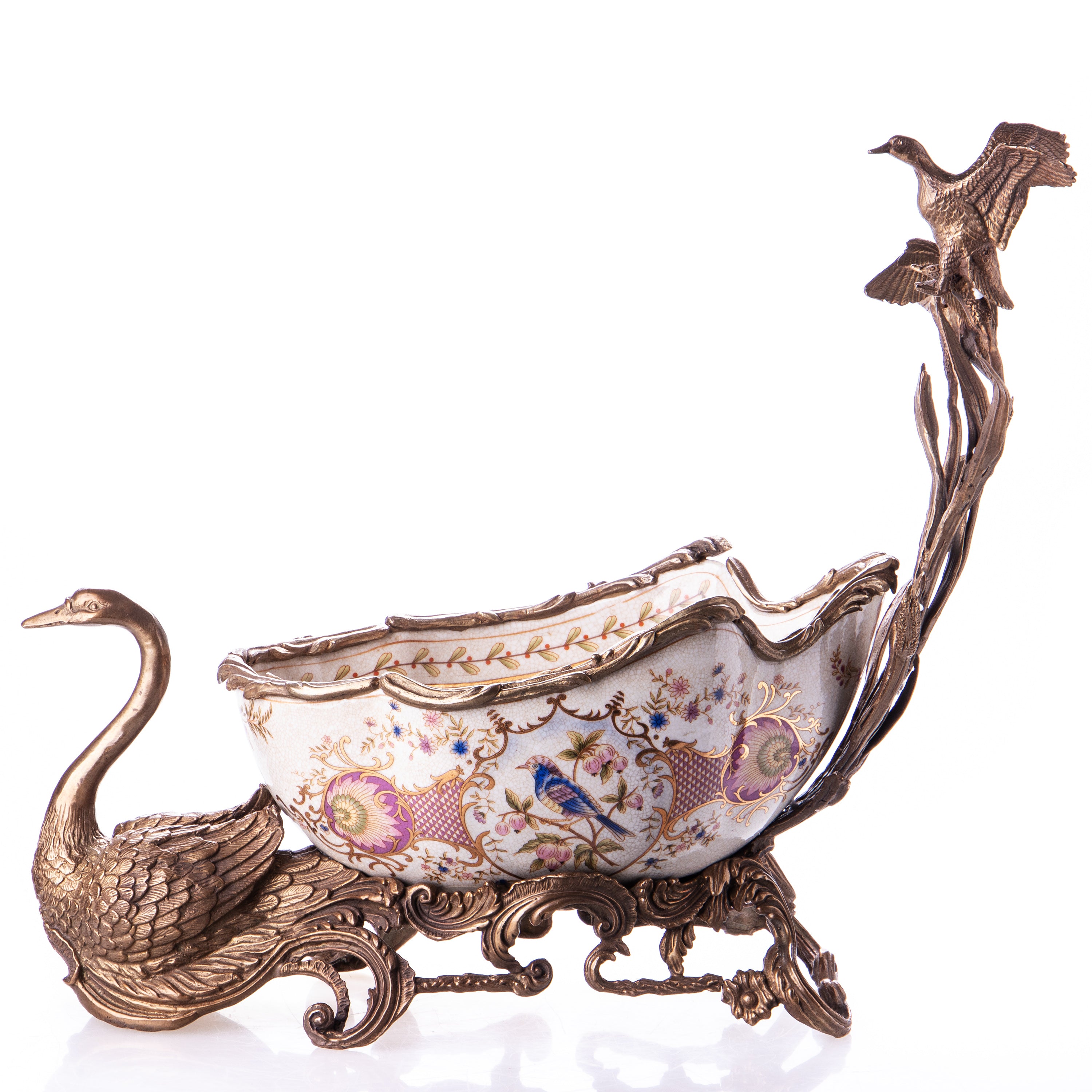 Schale aus Porzellan & Bronze - Schwan & Vögel