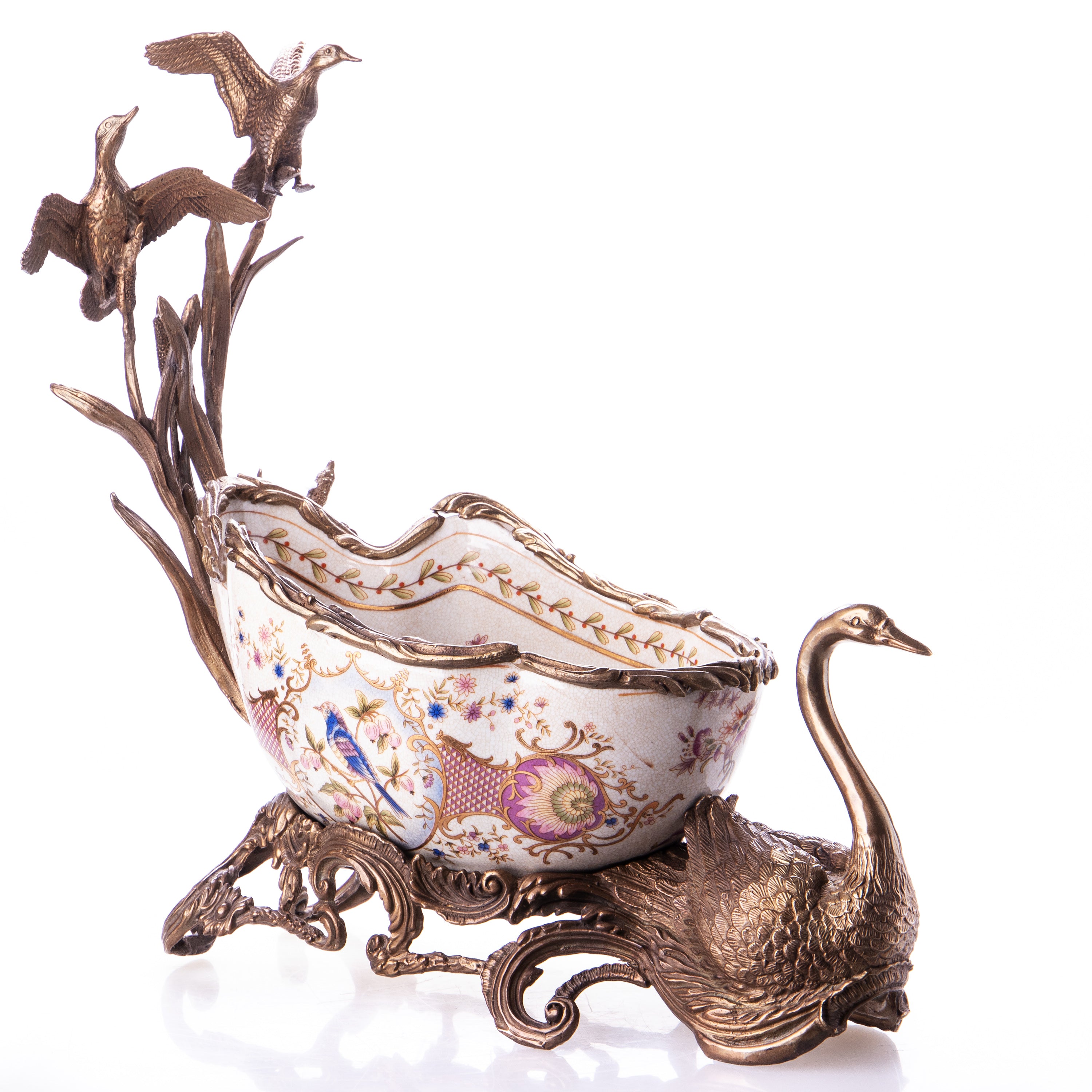 Schale aus Porzellan & Bronze - Schwan & Vögel