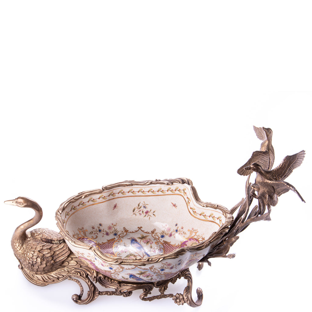 Schale aus Porzellan & Bronze - Schwan & Vögel