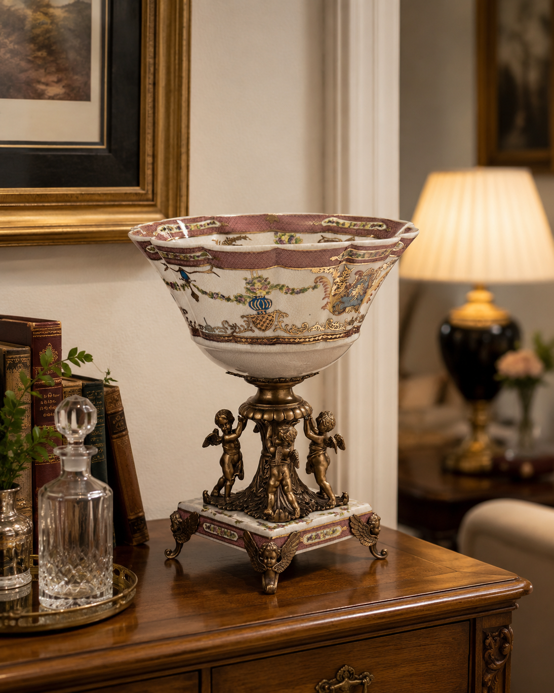 Schale aus Porzellan und Bronze Putten – handbemalt im Antik Stil Louis XVI