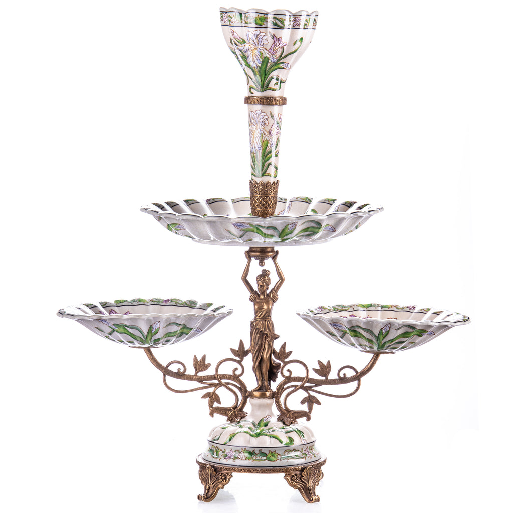 Tafelaufsatz Epergne aus Porzellan & Bronze im Jugendstil Irisdekor Centerpiece