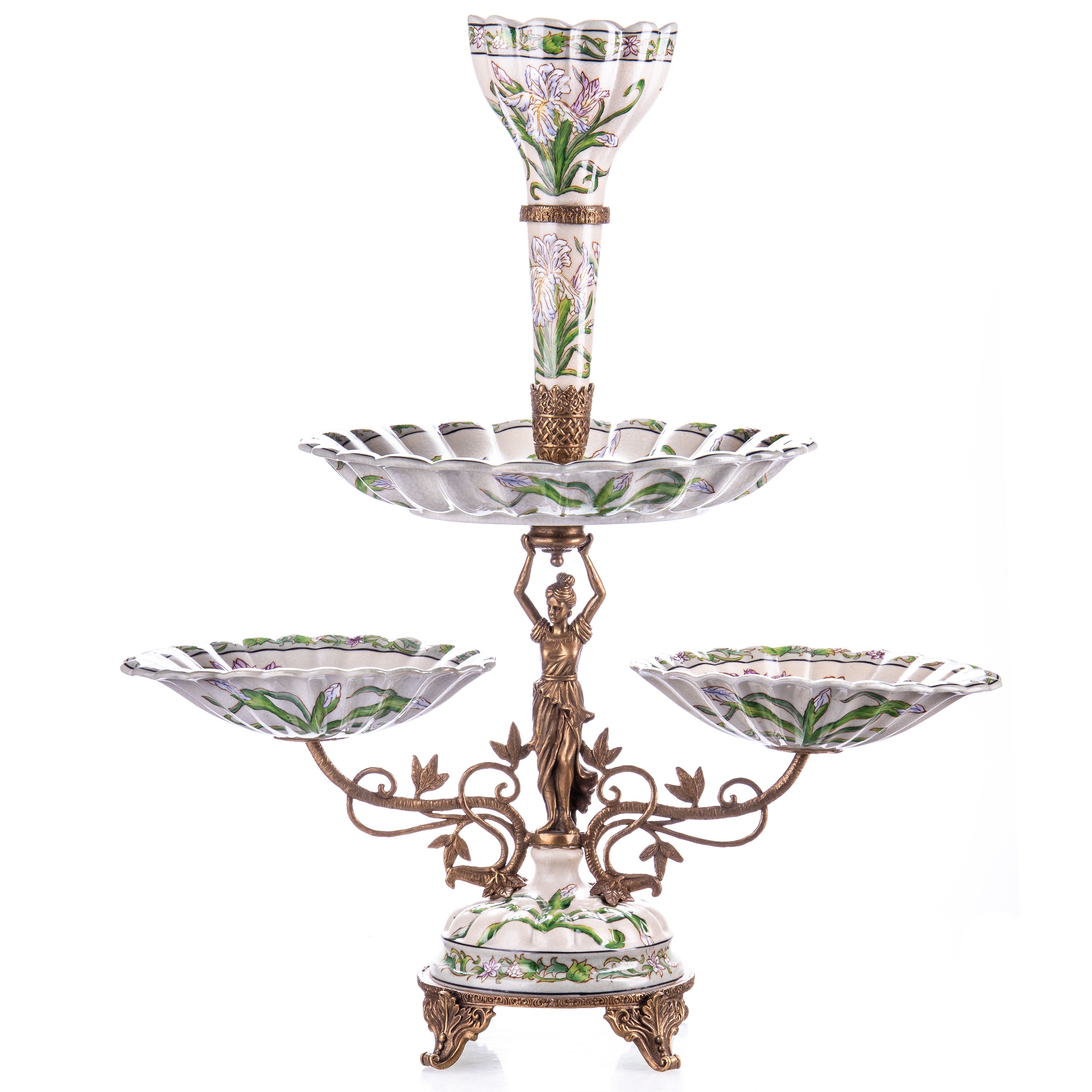 Tafelaufsatz Epergne aus Porzellan & Bronze im Jugendstil Irisdekor Centerpiece