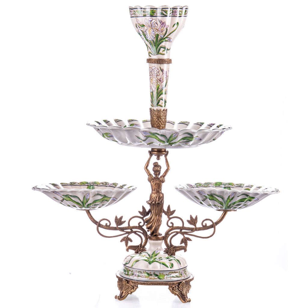 Tafelaufsatz Epergne aus Porzellan & Bronze im Jugendstil Irisdekor Centerpiece