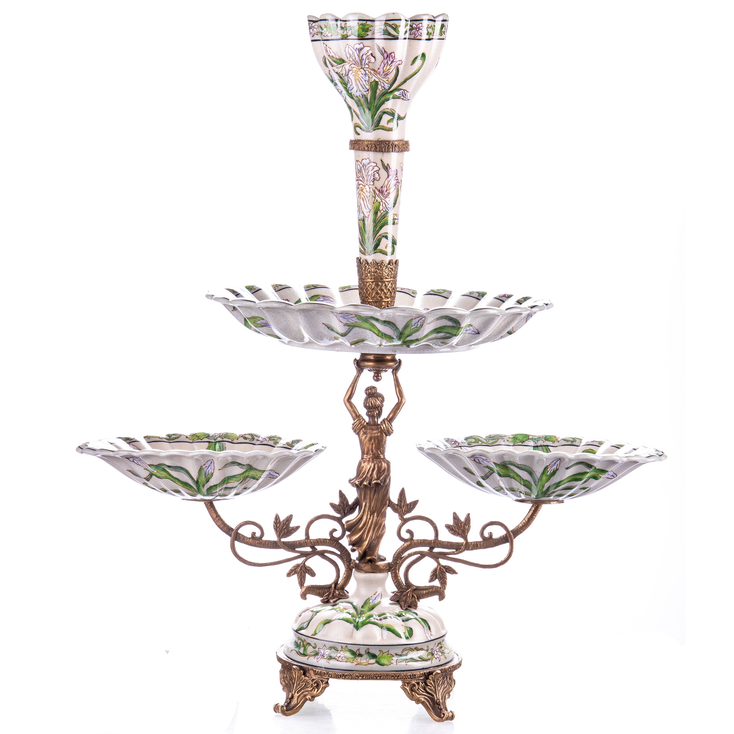 Tafelaufsatz Epergne aus Porzellan & Bronze im Jugendstil Irisdekor Centerpiece