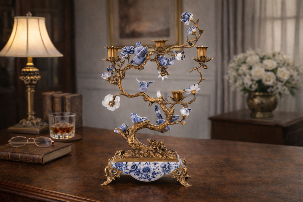 Prunkvoller Kerzenhalter aus Bronze & Porzellan – Baum mit Vögeln & Blüten