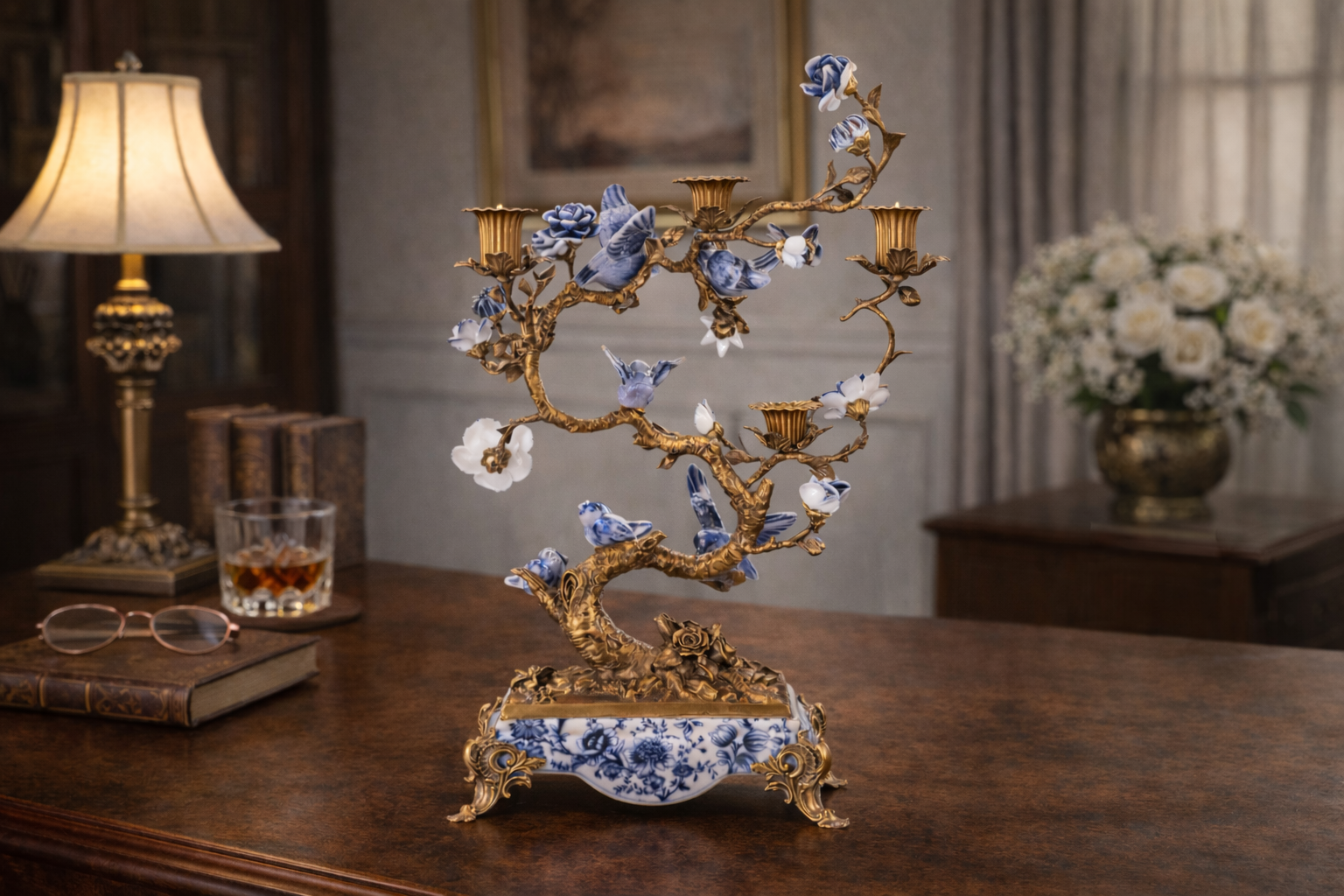 Prunkvoller Kerzenhalter aus Bronze & Porzellan – Baum mit Vögeln & Blüten