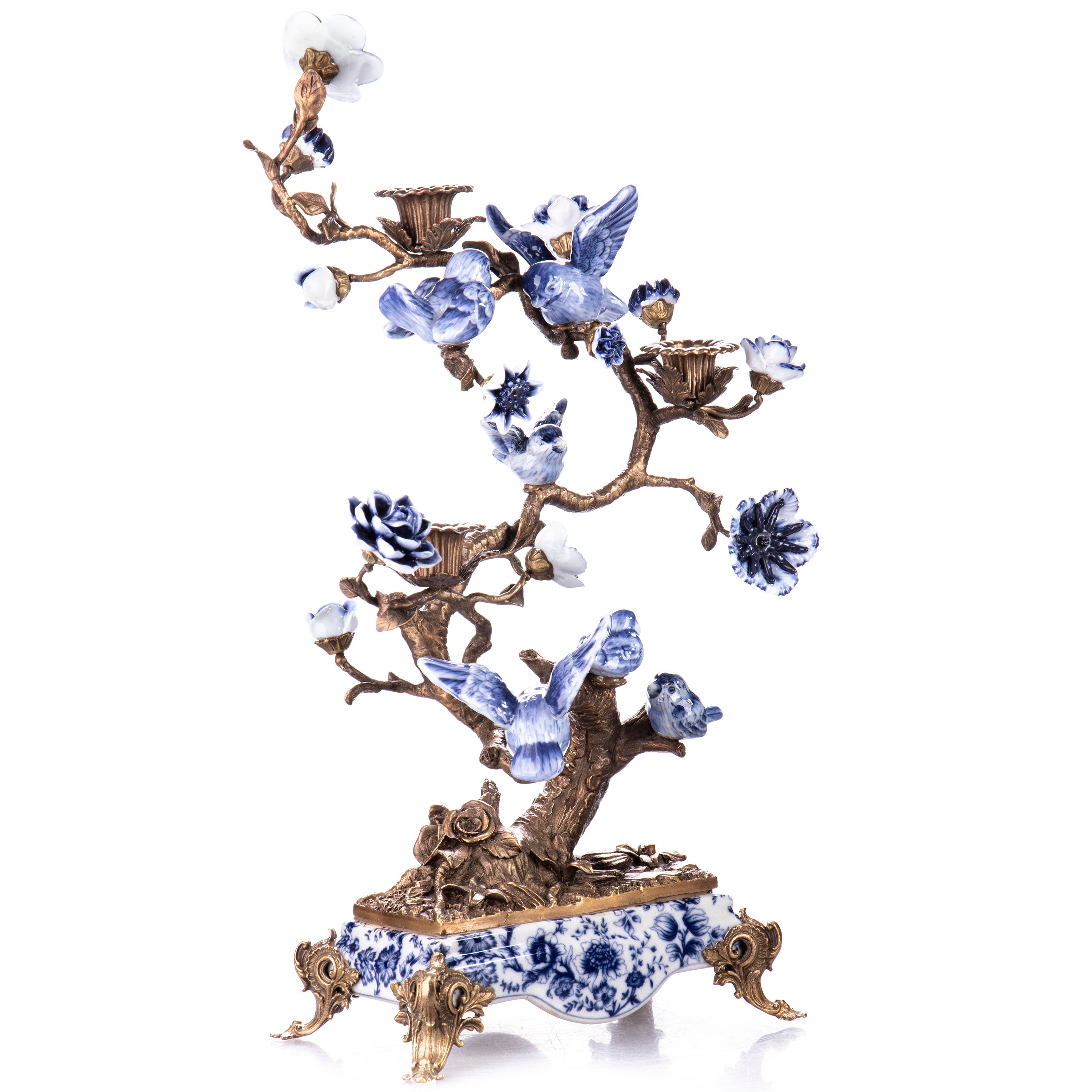 Prunkvoller Kerzenhalter aus Bronze & Porzellan – Baum mit Vögeln & Blüten