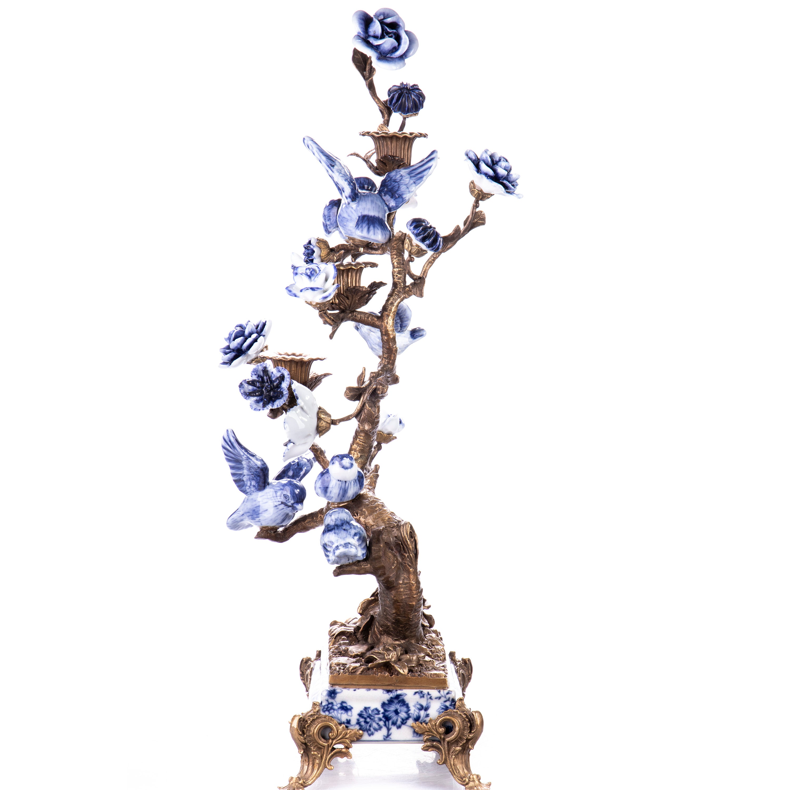 Prunkvoller Kerzenhalter aus Bronze & Porzellan – Baum mit Vögeln & Blüten