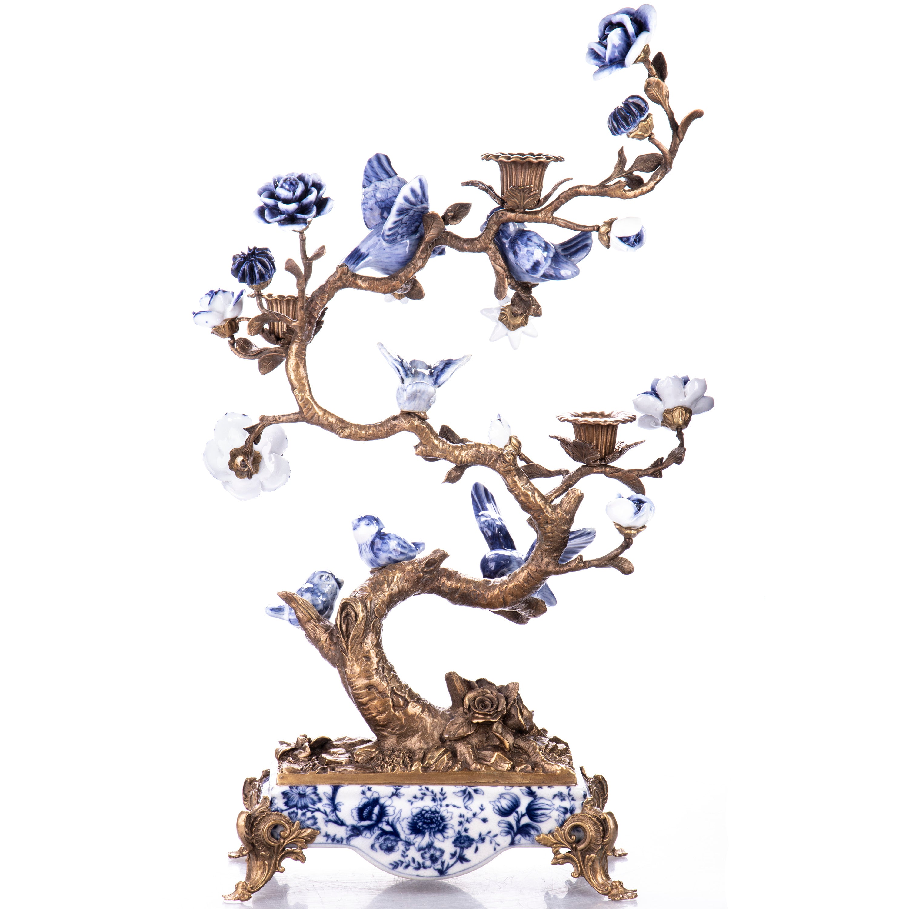 Prunkvoller Kerzenhalter aus Bronze & Porzellan – Baum mit Vögeln & Blüten