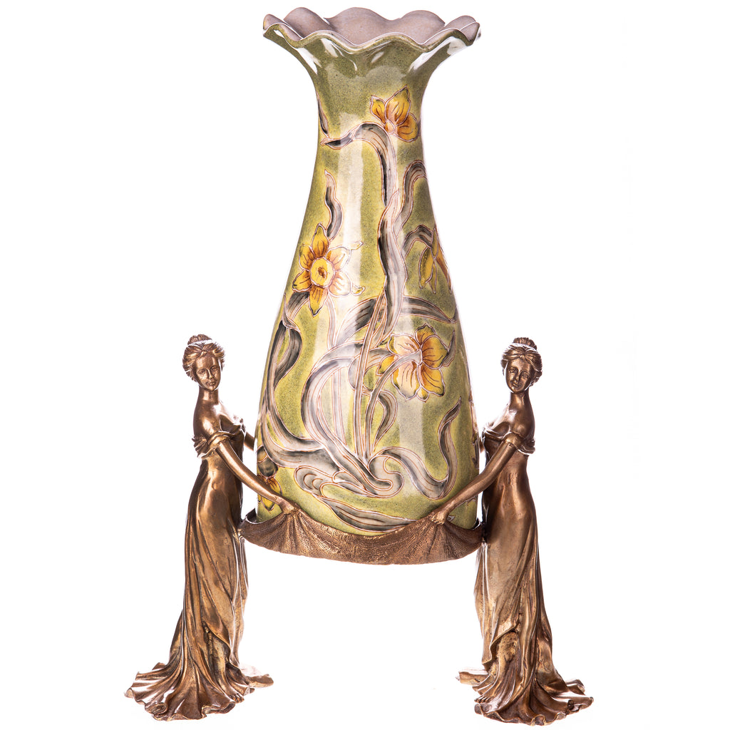 Grüne Vase aus Porzellan & Bronze getragen von Damenfiguren