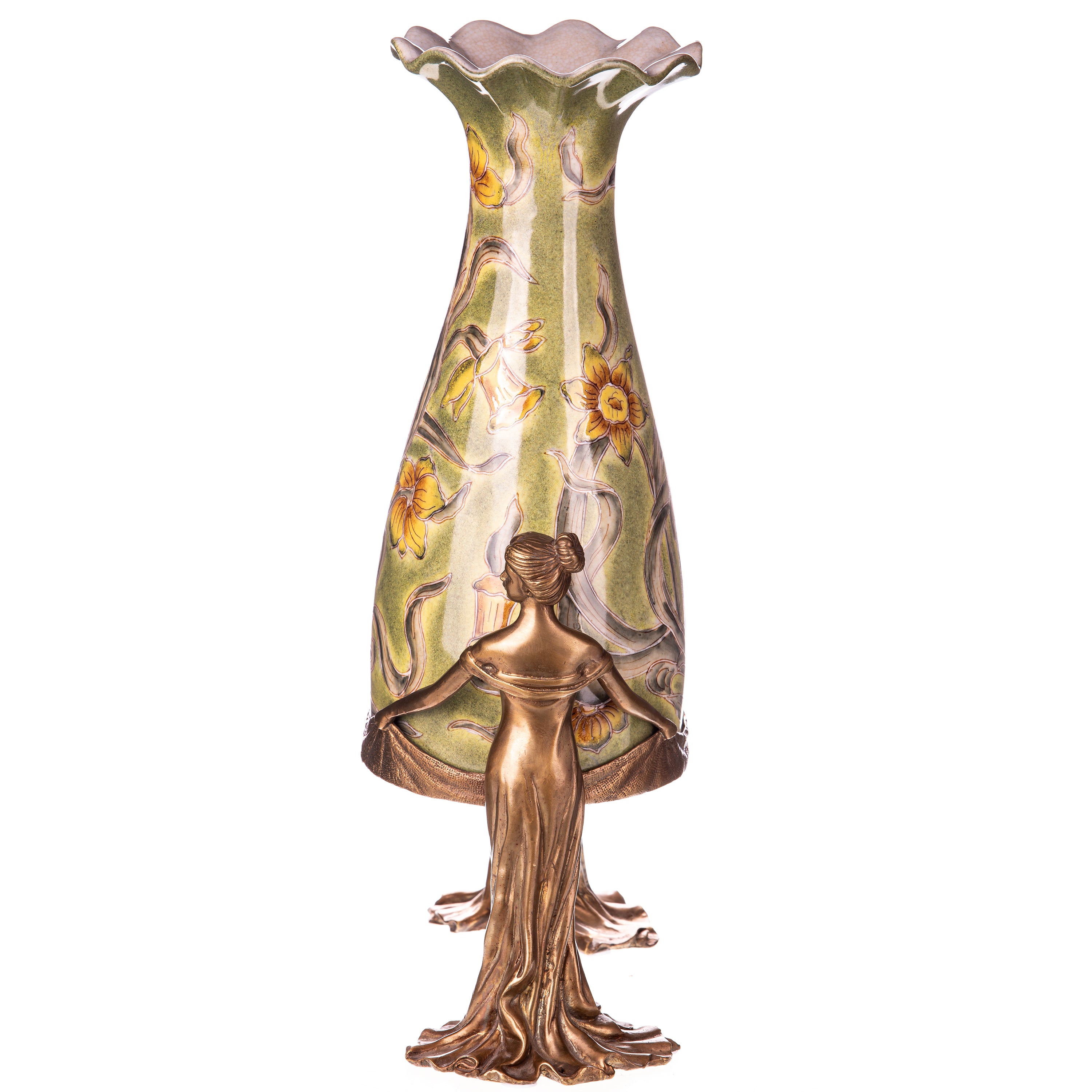 Grüne Vase aus Porzellan & Bronze getragen von Damenfiguren