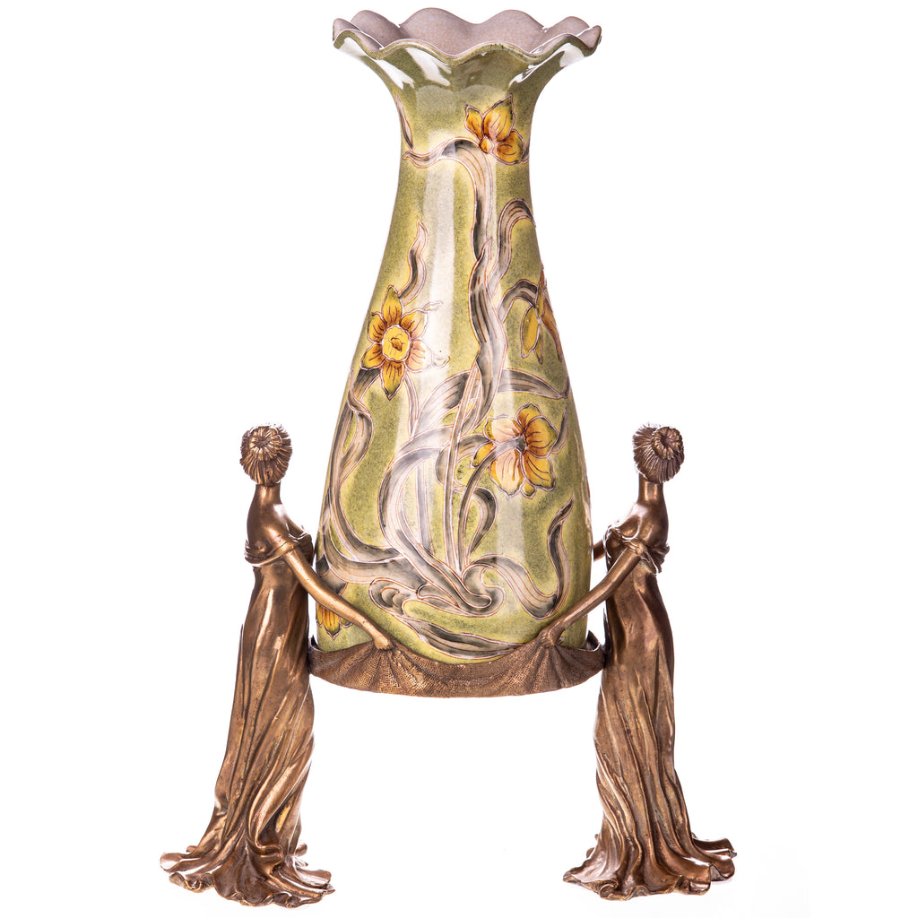 Grüne Vase aus Porzellan & Bronze getragen von Damenfiguren
