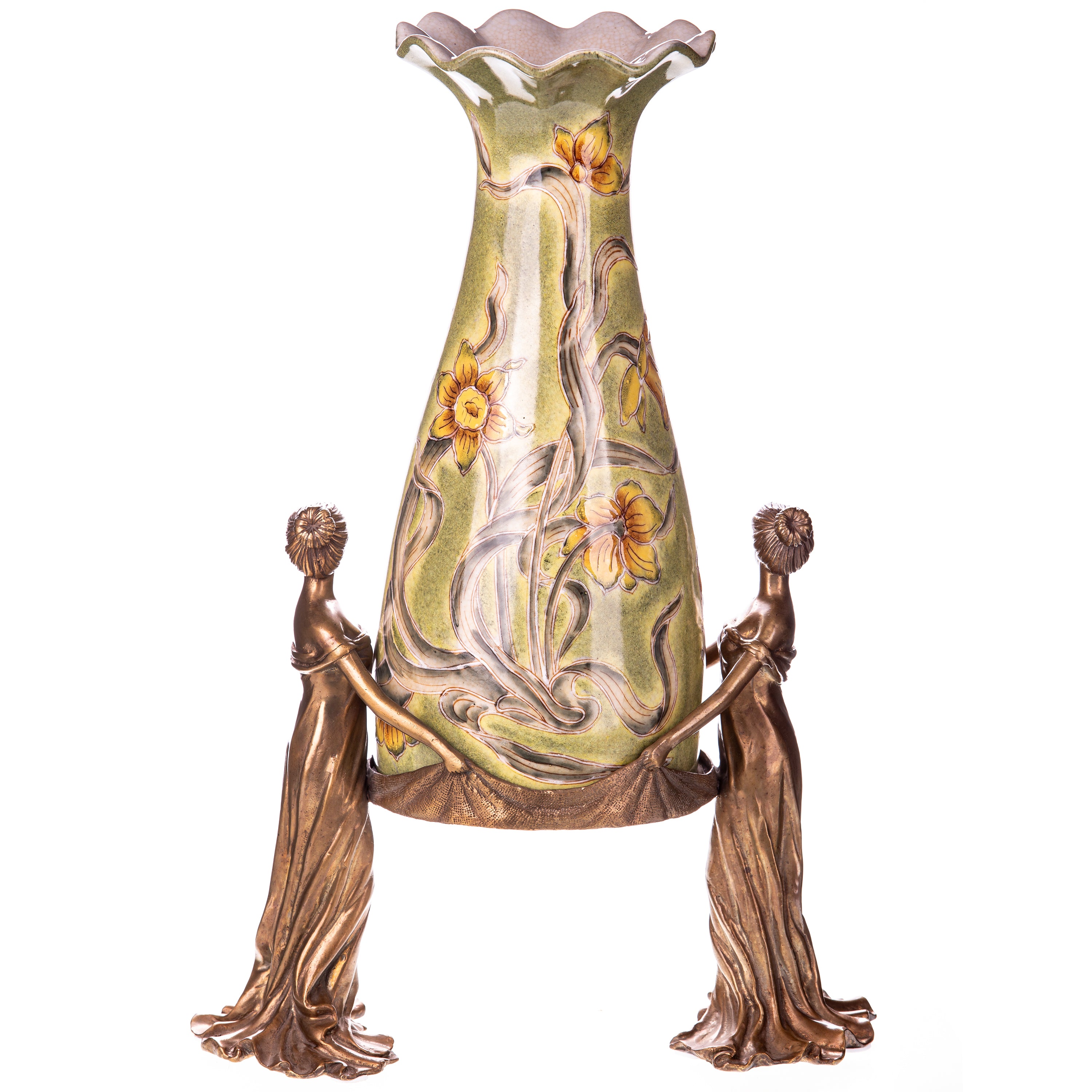 Grüne Vase aus Porzellan & Bronze getragen von Damenfiguren