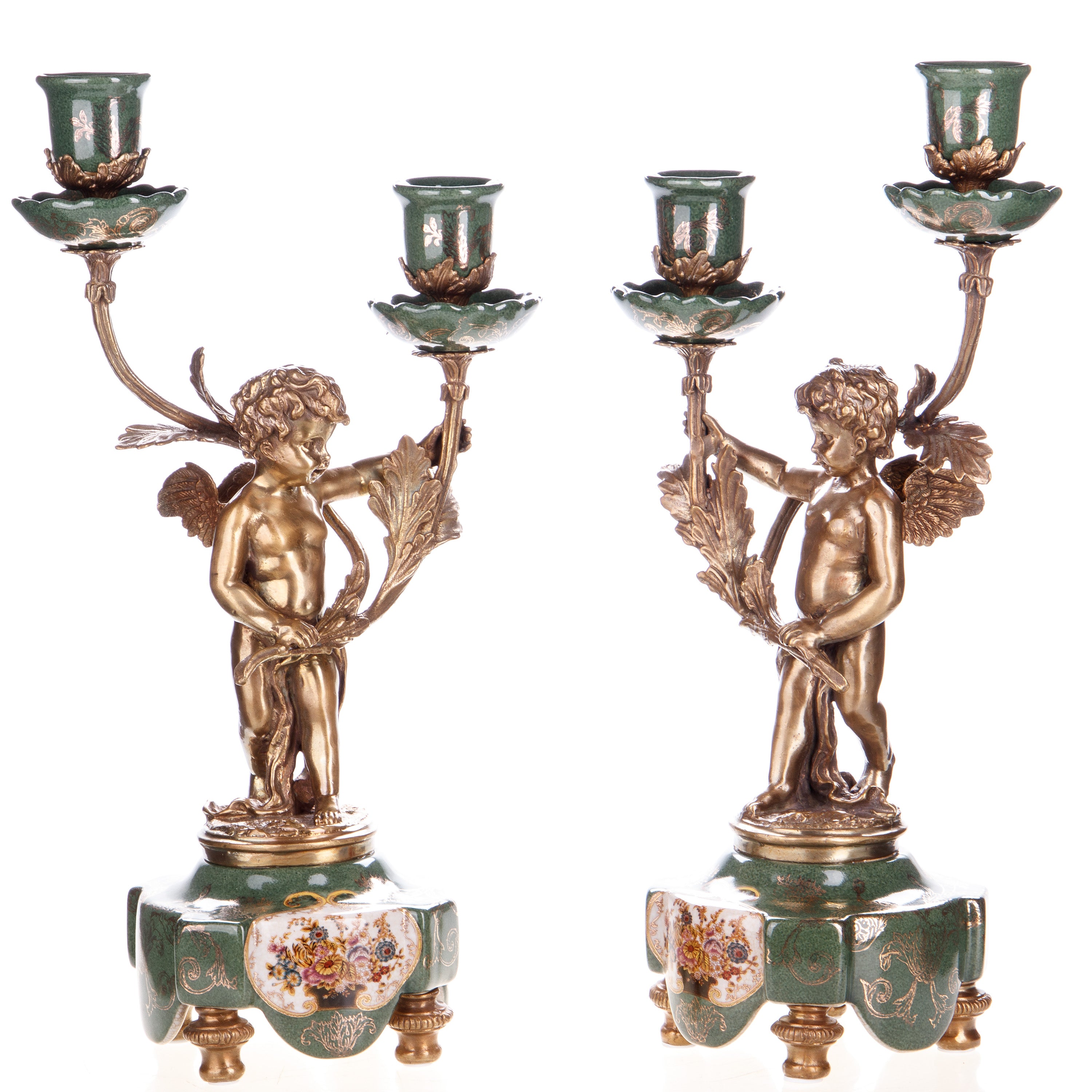 Kerzenhalter aus Porzellan & Bronze - Engel mit Leuchterarme