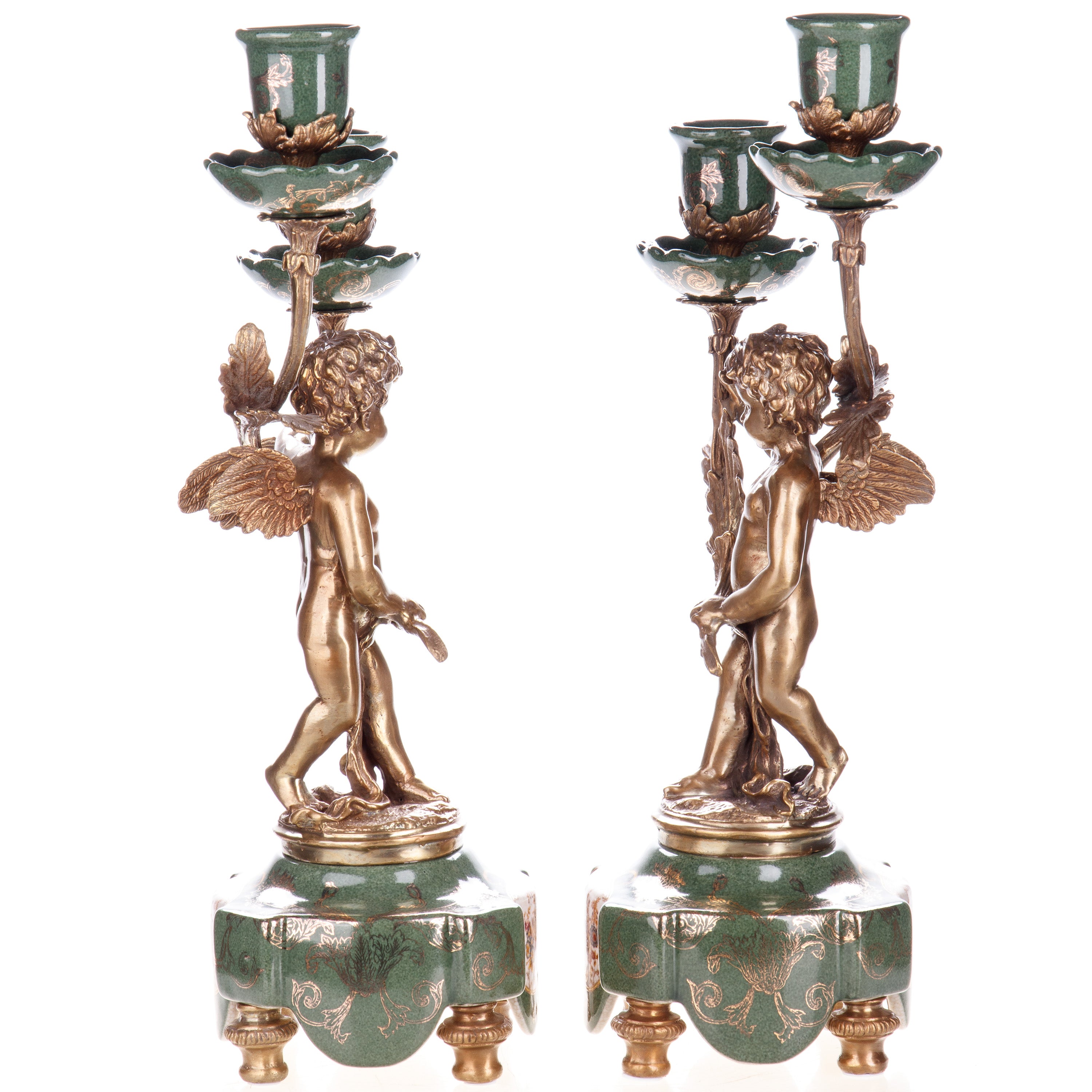 Kerzenhalter aus Porzellan & Bronze - Engel mit Leuchterarme