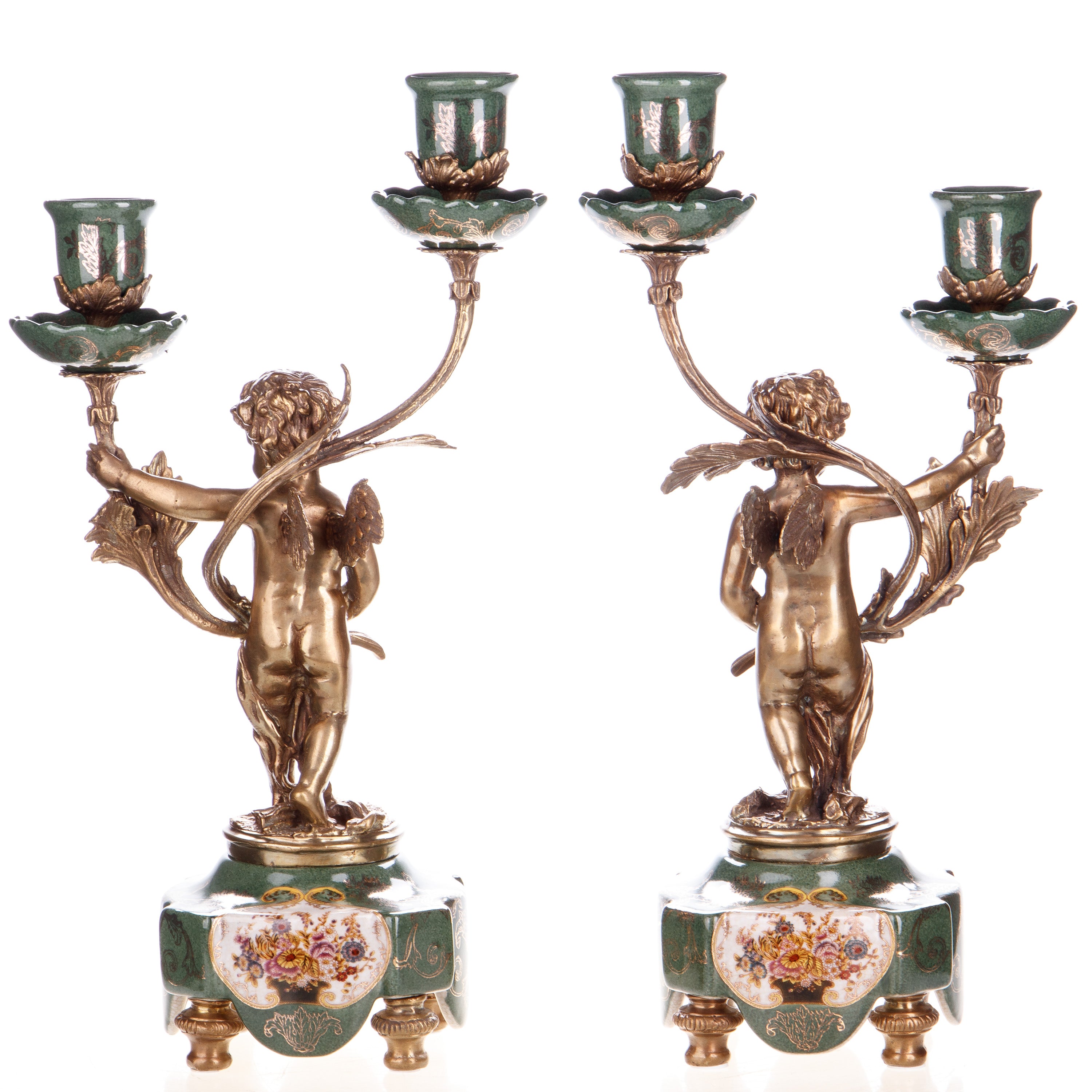 Kerzenhalter aus Porzellan & Bronze - Engel mit Leuchterarme