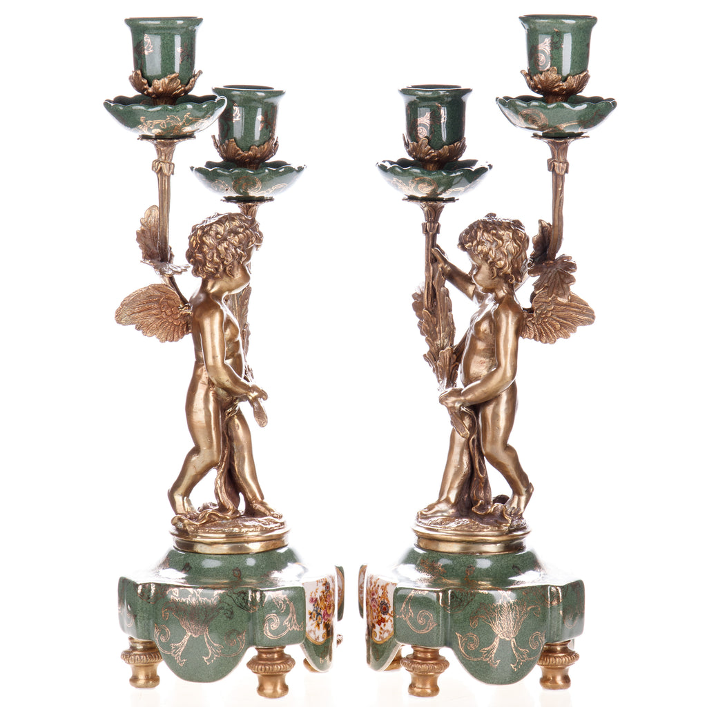 Kerzenhalter aus Porzellan & Bronze - Engel mit Leuchterarme