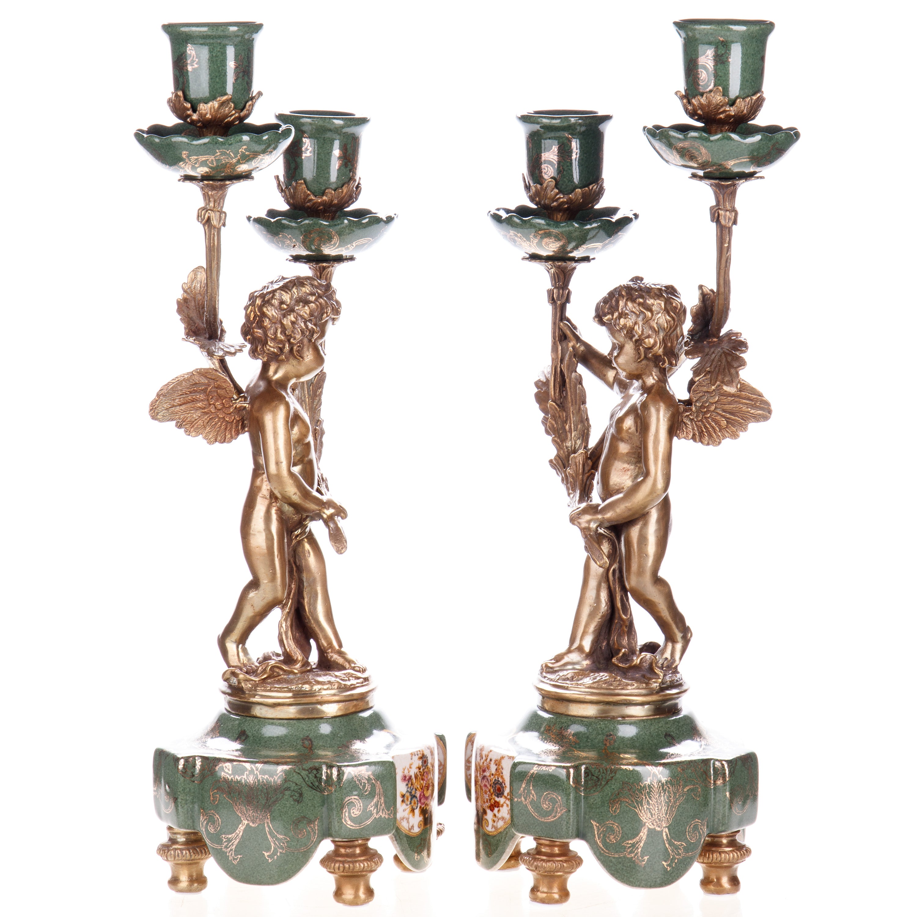 Kerzenhalter aus Porzellan & Bronze - Engel mit Leuchterarme