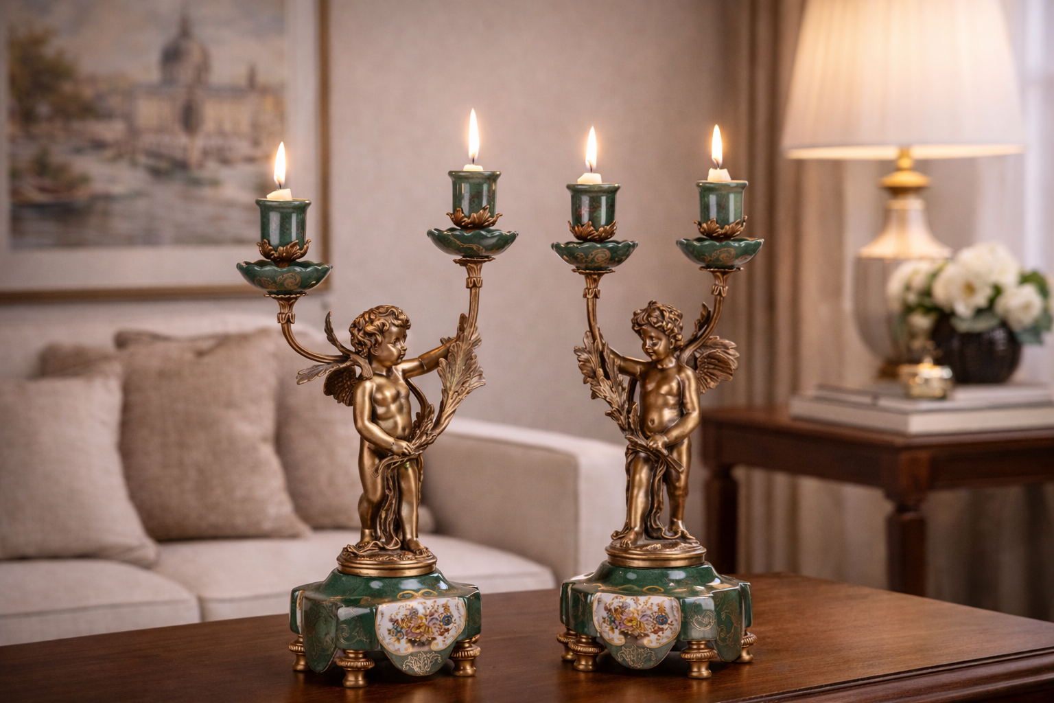 Kerzenhalter aus Porzellan & Bronze - Engel mit Leuchterarme