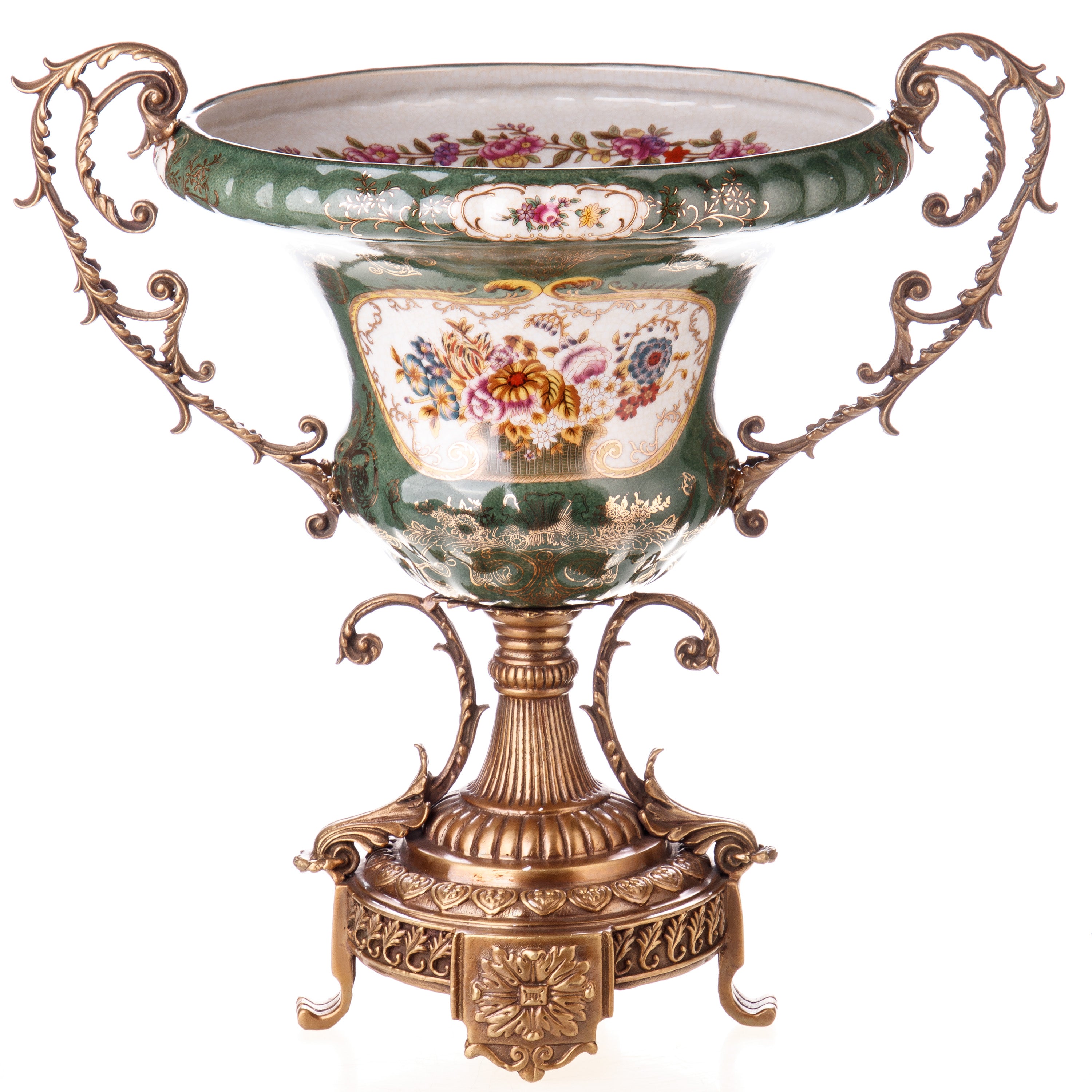 Porzellan-Bronze Vase mit Henkeln – Prunkvolle Blumenmalerei