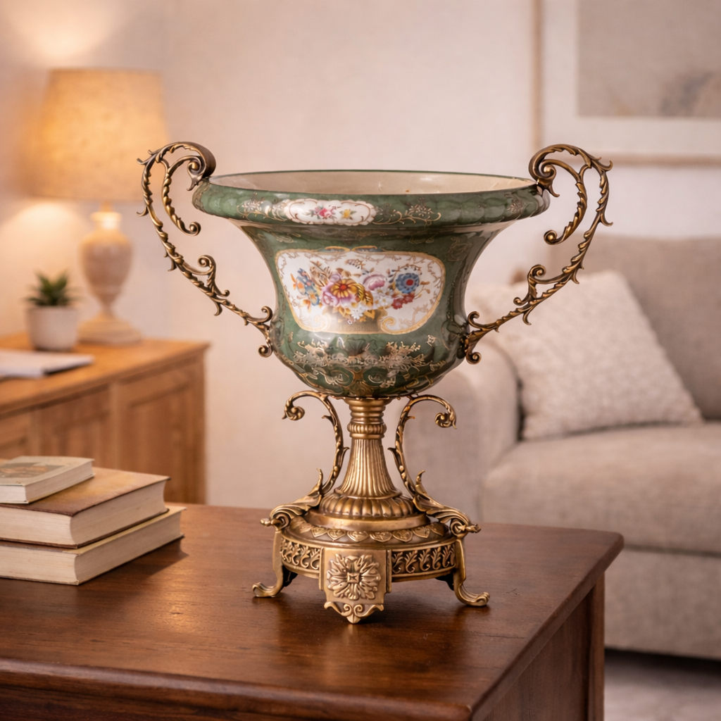 Porzellan-Bronze Vase mit Henkeln – Prunkvolle Blumenmalerei