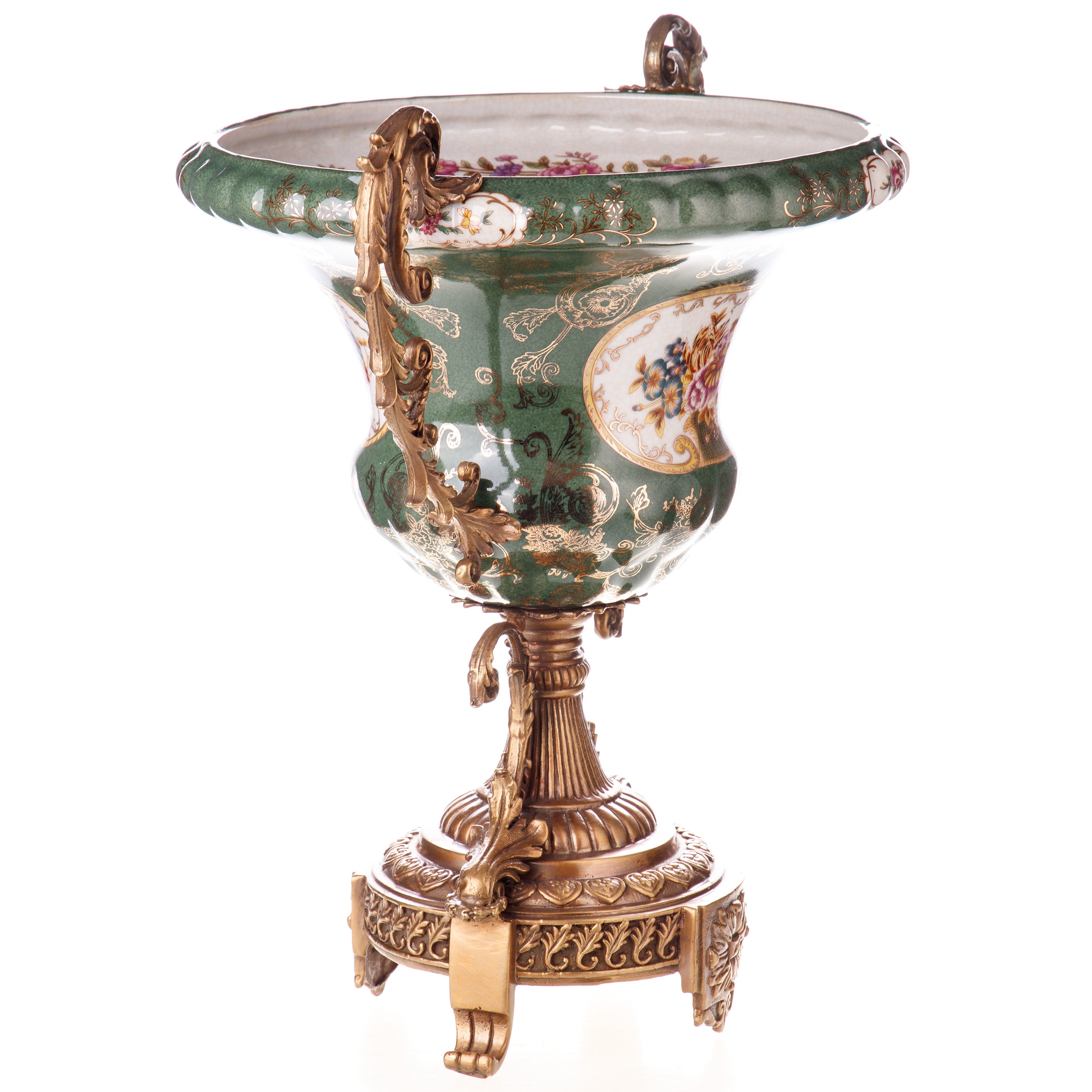 Porzellan-Bronze Vase mit Henkeln – Prunkvolle Blumenmalerei
