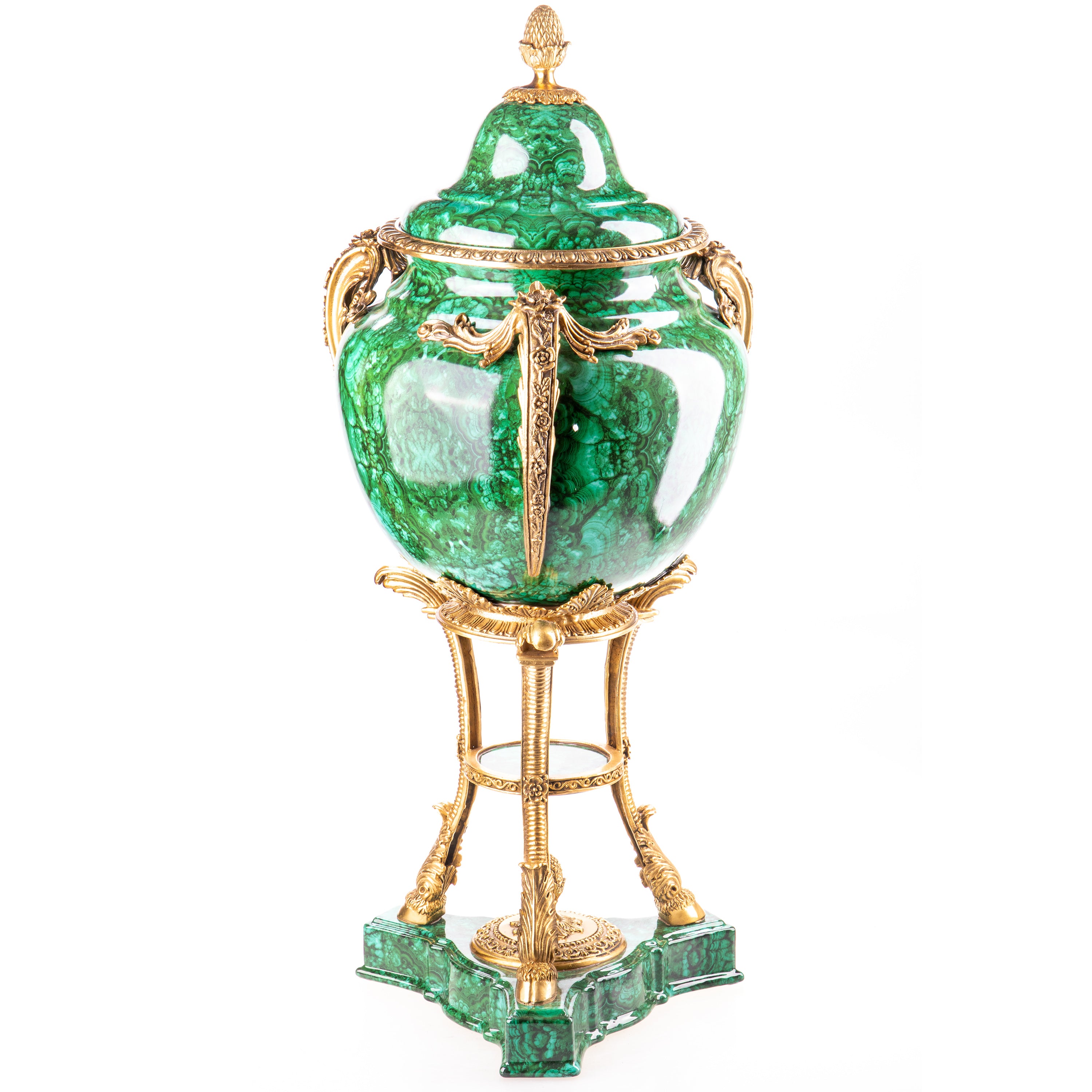 Porzellan-Bronze Vase in Malachit-Optik – Prunkgefäß auf Sockel