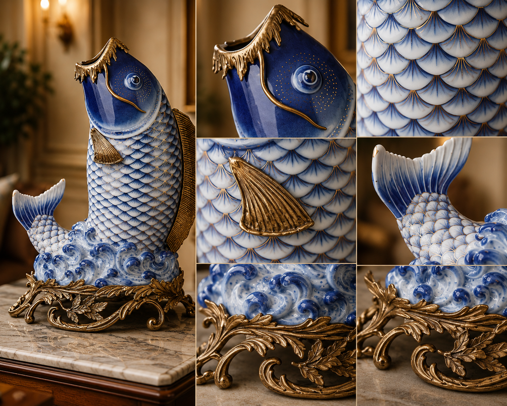 Vase aus Porzellan & Bronze in Fischform mit Goldmontur – Blau Weiße Vase