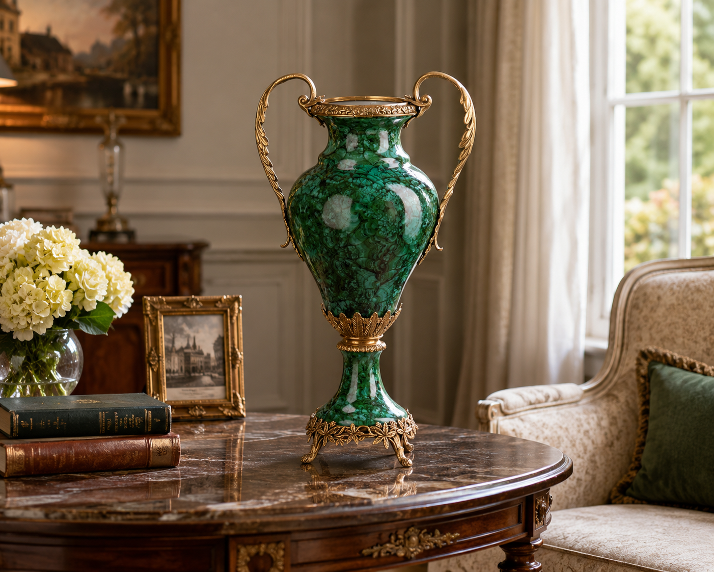 Vase aus Porzellan & Bronze - Grün marmorierte Prunkvase mit Bronzegriffen