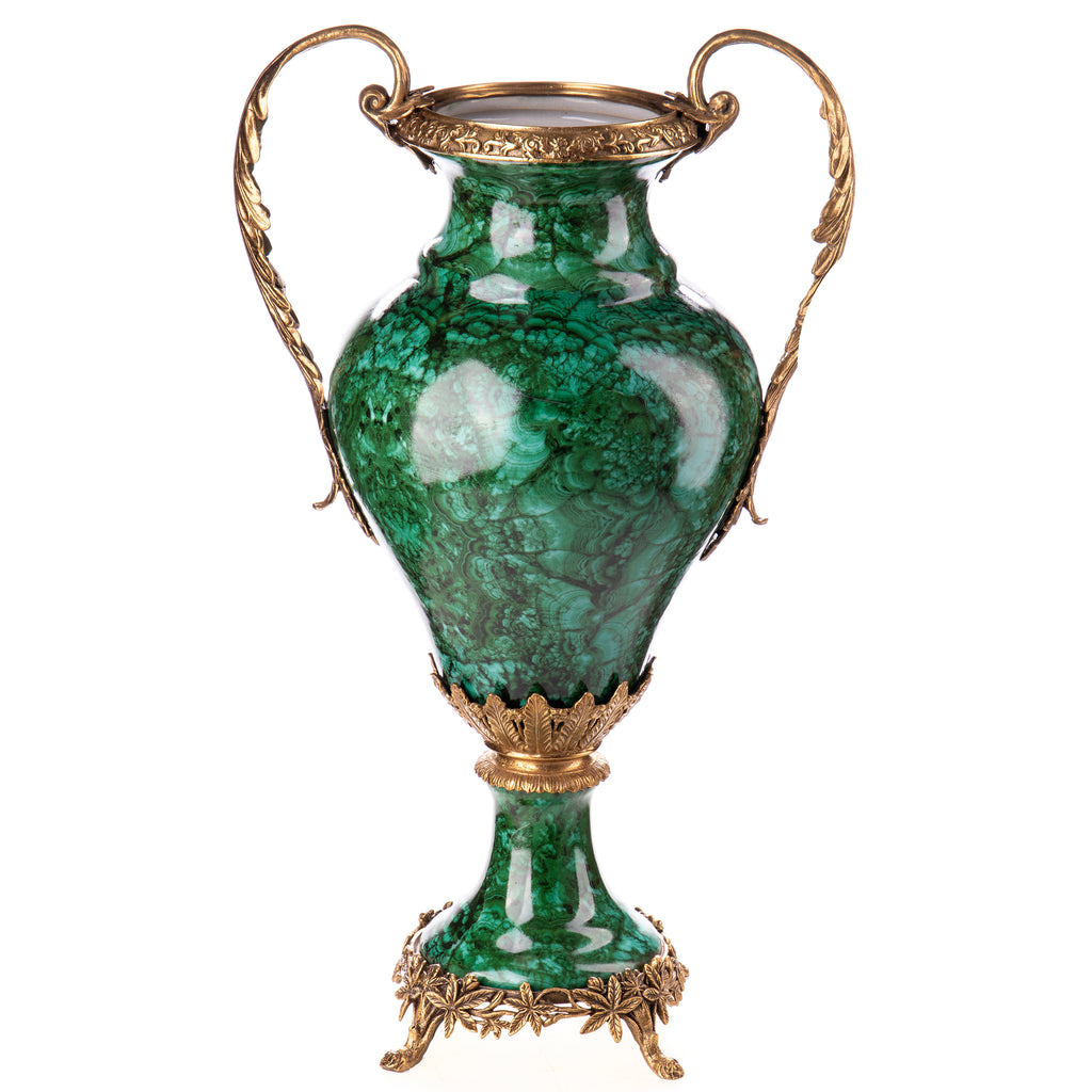 Vase aus Porzellan & Bronze - Grün marmorierte Prunkvase mit Bronzegriffen