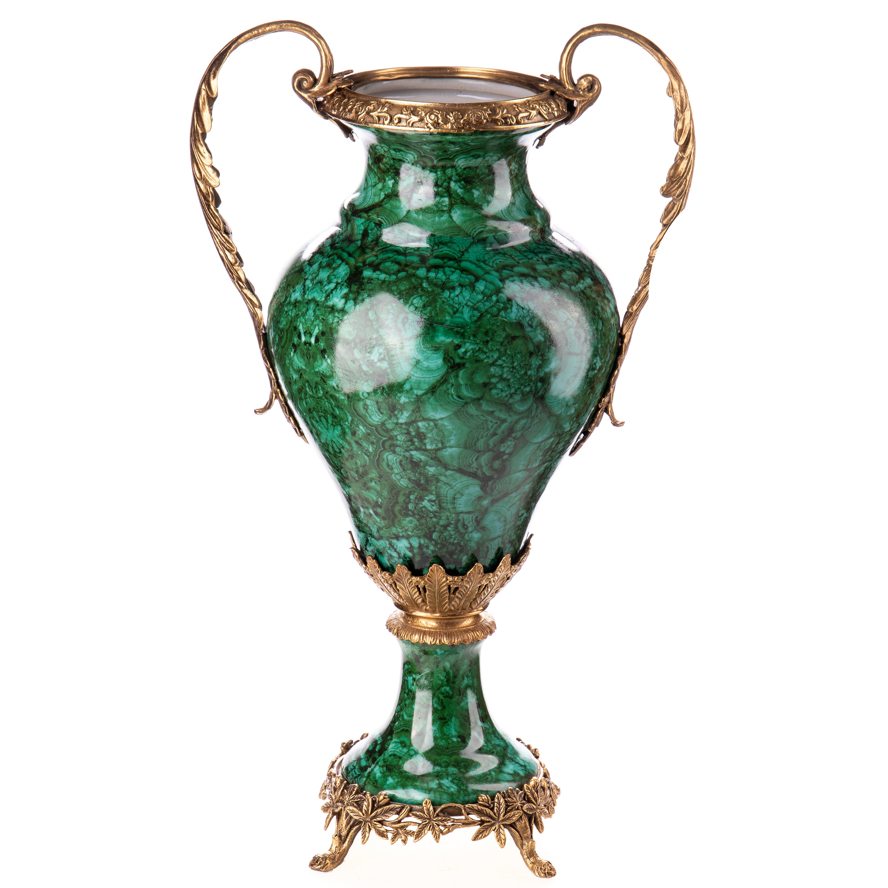 Vase aus Porzellan & Bronze - Grün marmorierte Prunkvase mit Bronzegriffen