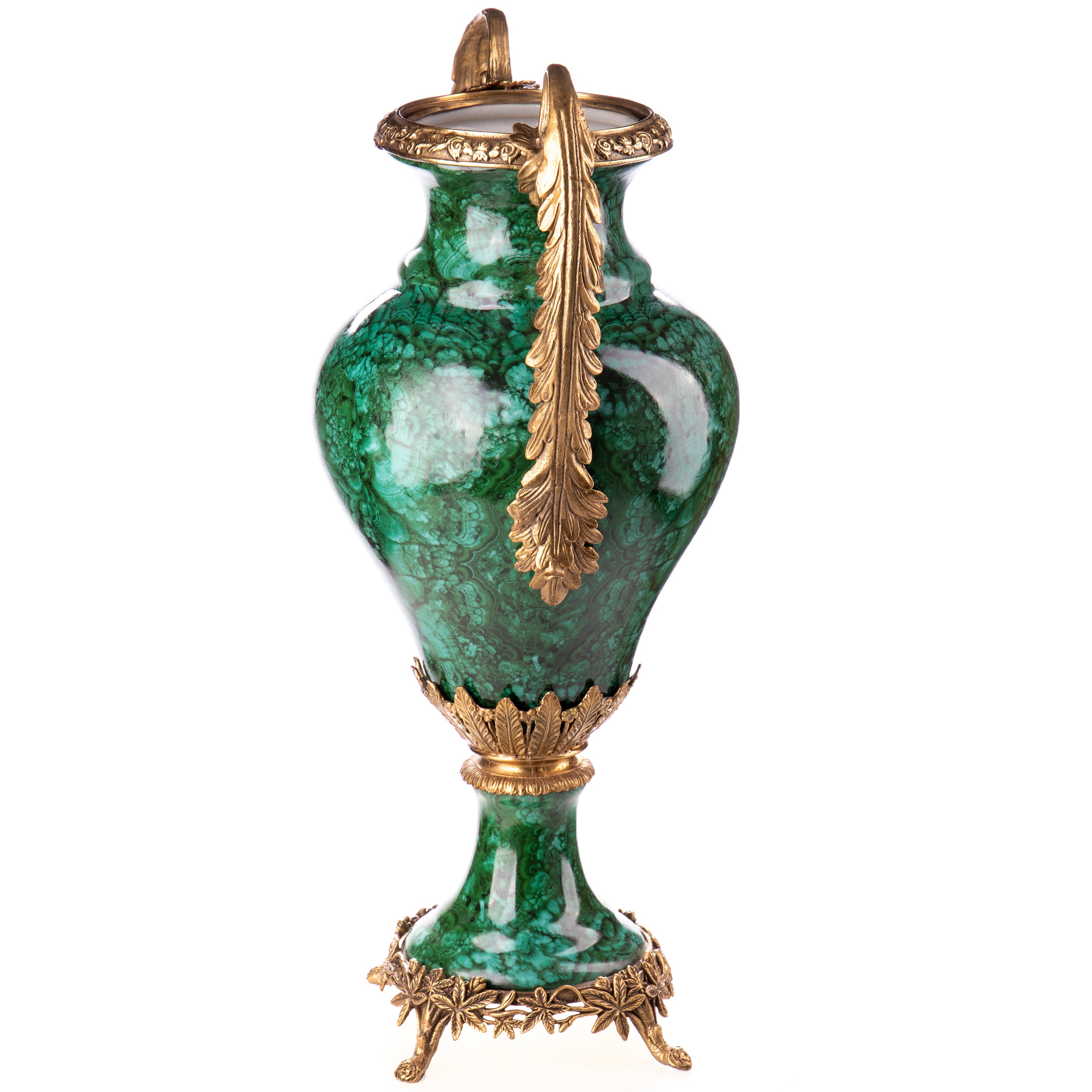 Vase aus Porzellan & Bronze - Grün marmorierte Prunkvase mit Bronzegriffen