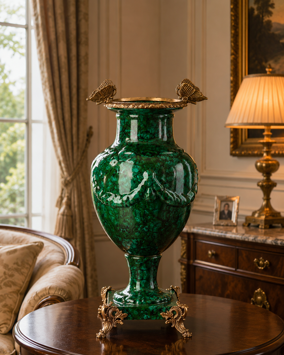 Prunkvase aus Porzellan & Bronze - Grün marmoriert mit Schmetterlingen