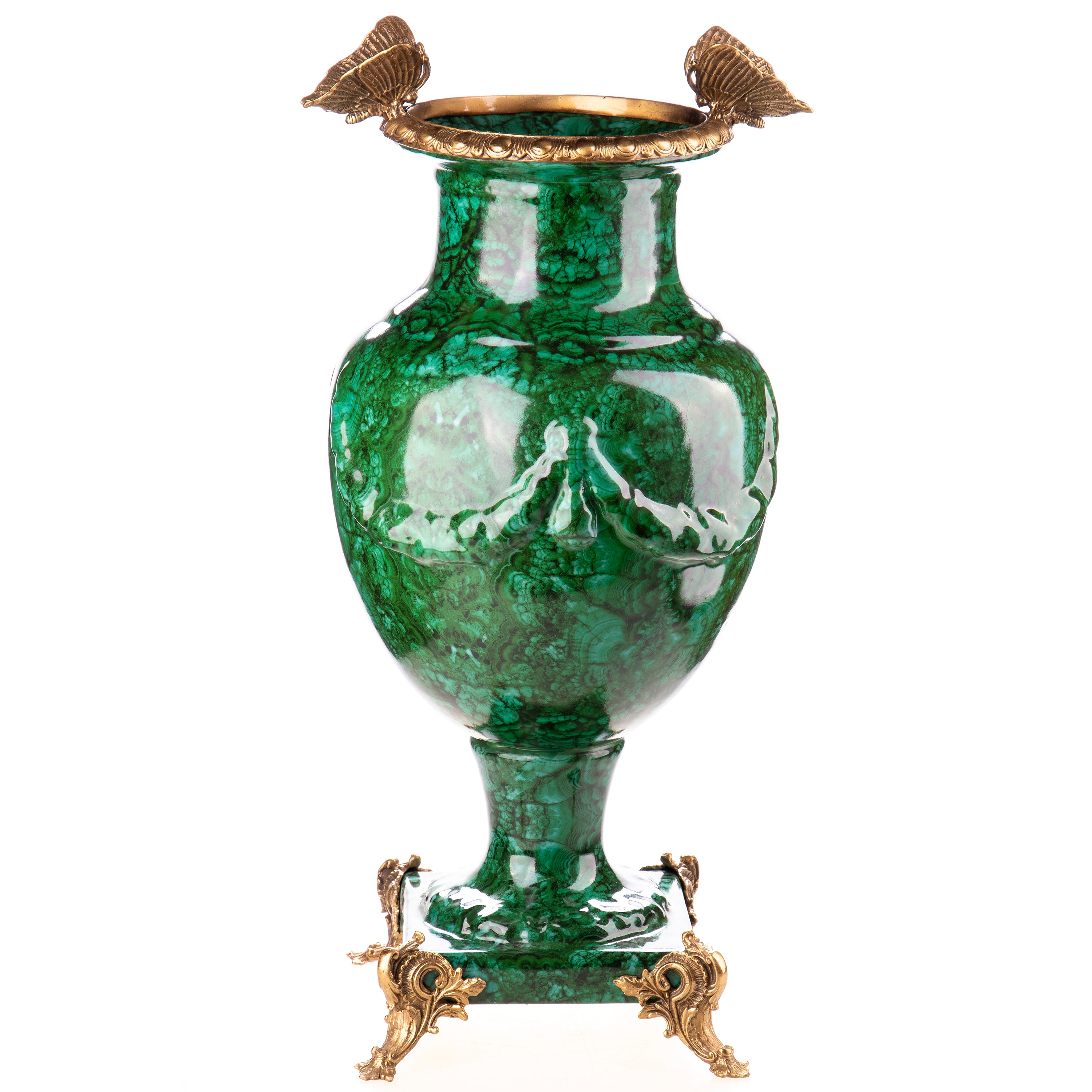 Prunkvase aus Porzellan & Bronze - Grün marmoriert mit Schmetterlingen