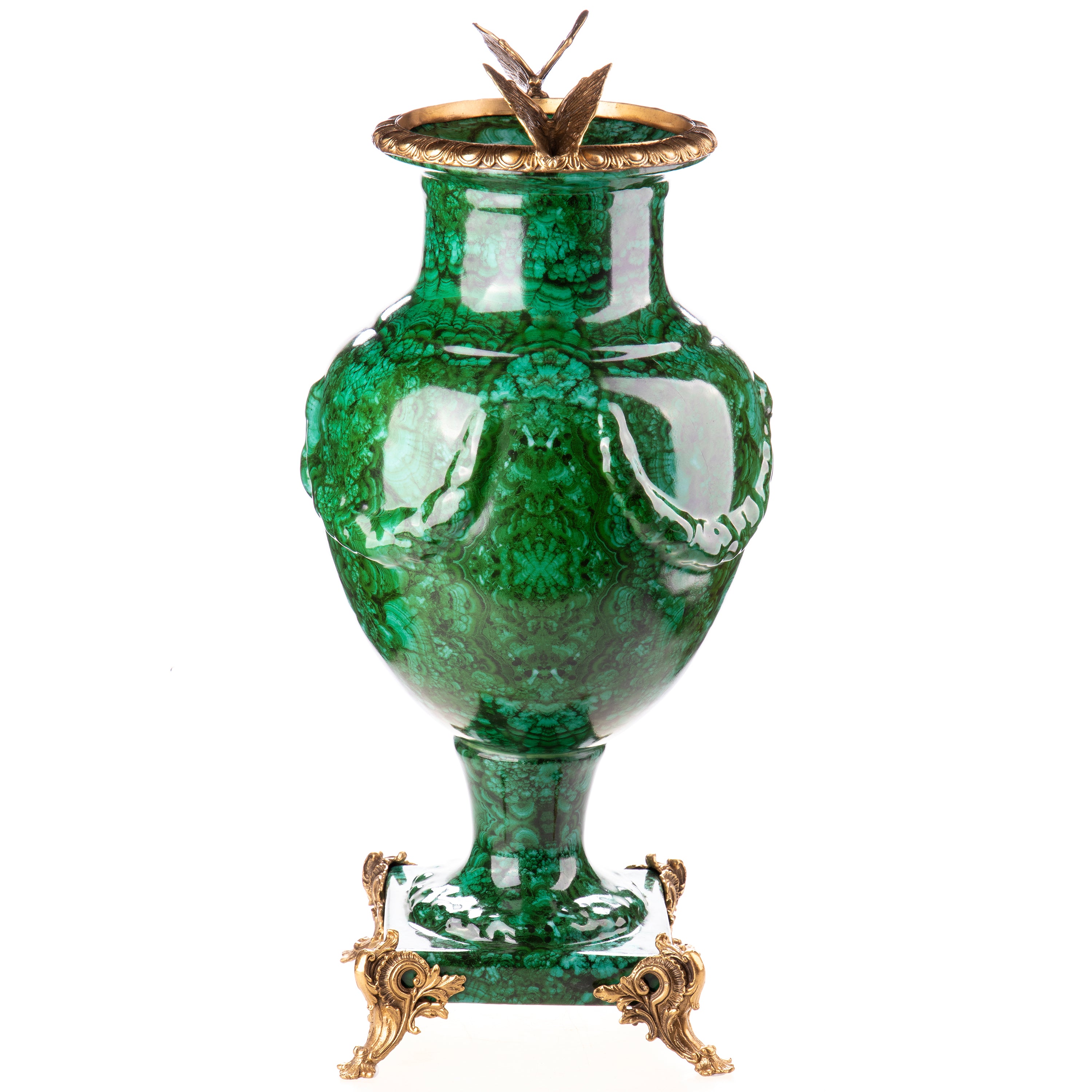Prunkvase aus Porzellan & Bronze - Grün marmoriert mit Schmetterlingen