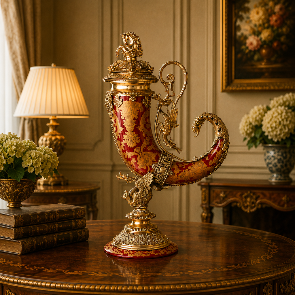 Prunkvase / Hornvase aus Porzellan & Bronze – Barocke Eleganz