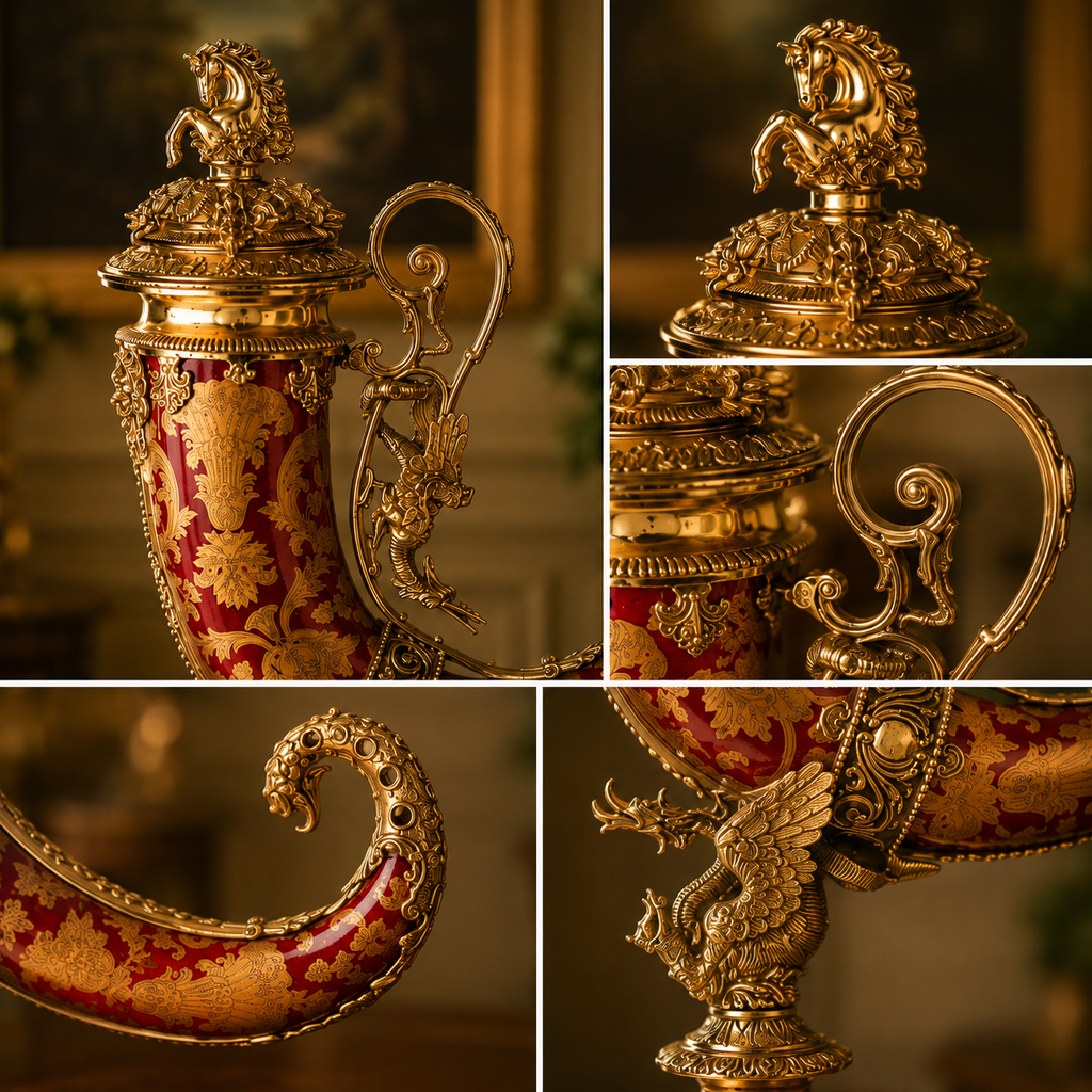 Prunkvase / Hornvase aus Porzellan & Bronze – Barocke Eleganz