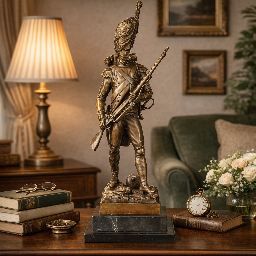 Bronze Skulptur Soldat mit Gewehr - signiert & auf Marmorsockel