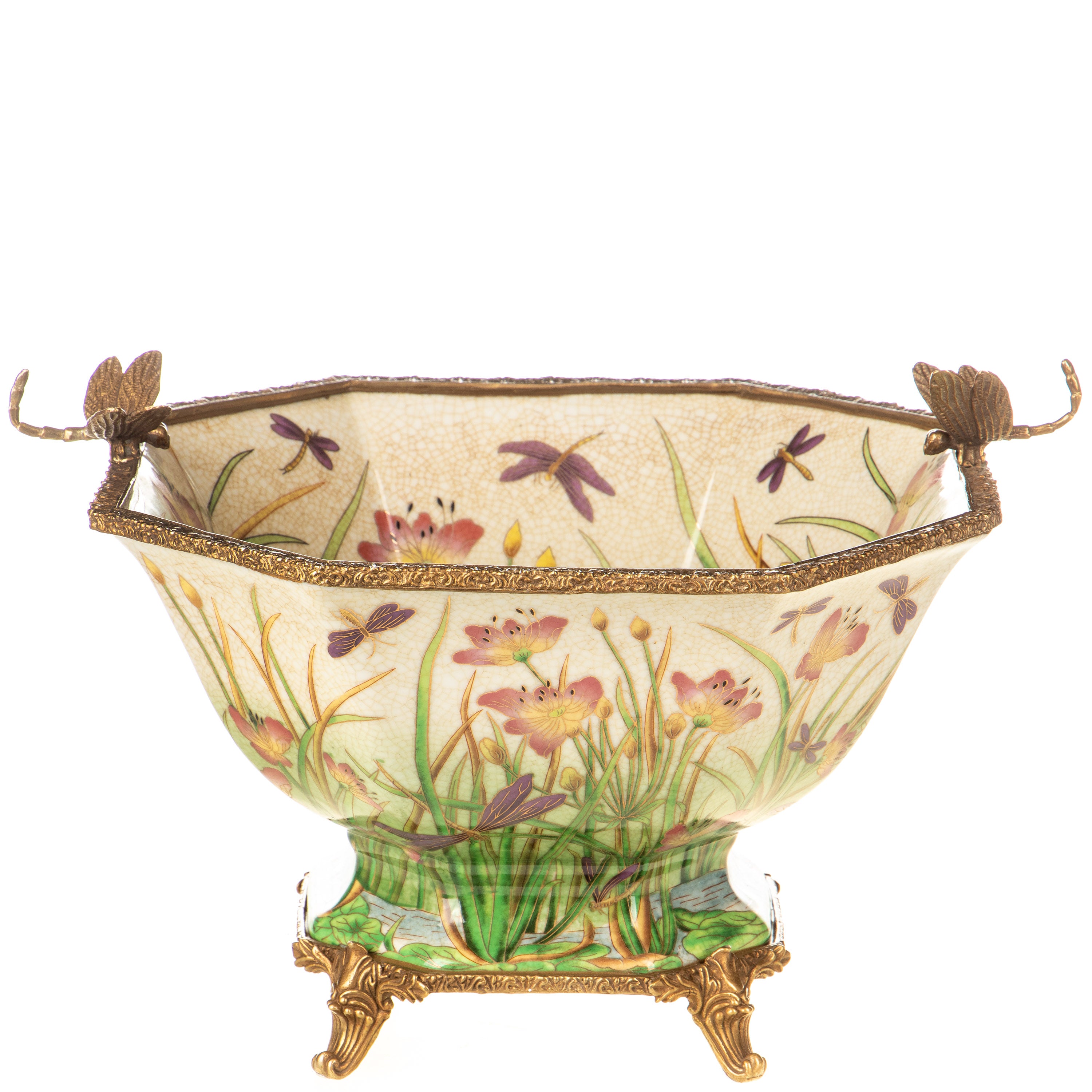 Porzellanschale mit Bronze – Wiesenblumen & Libellen – Jardiniere im Prunk Stil