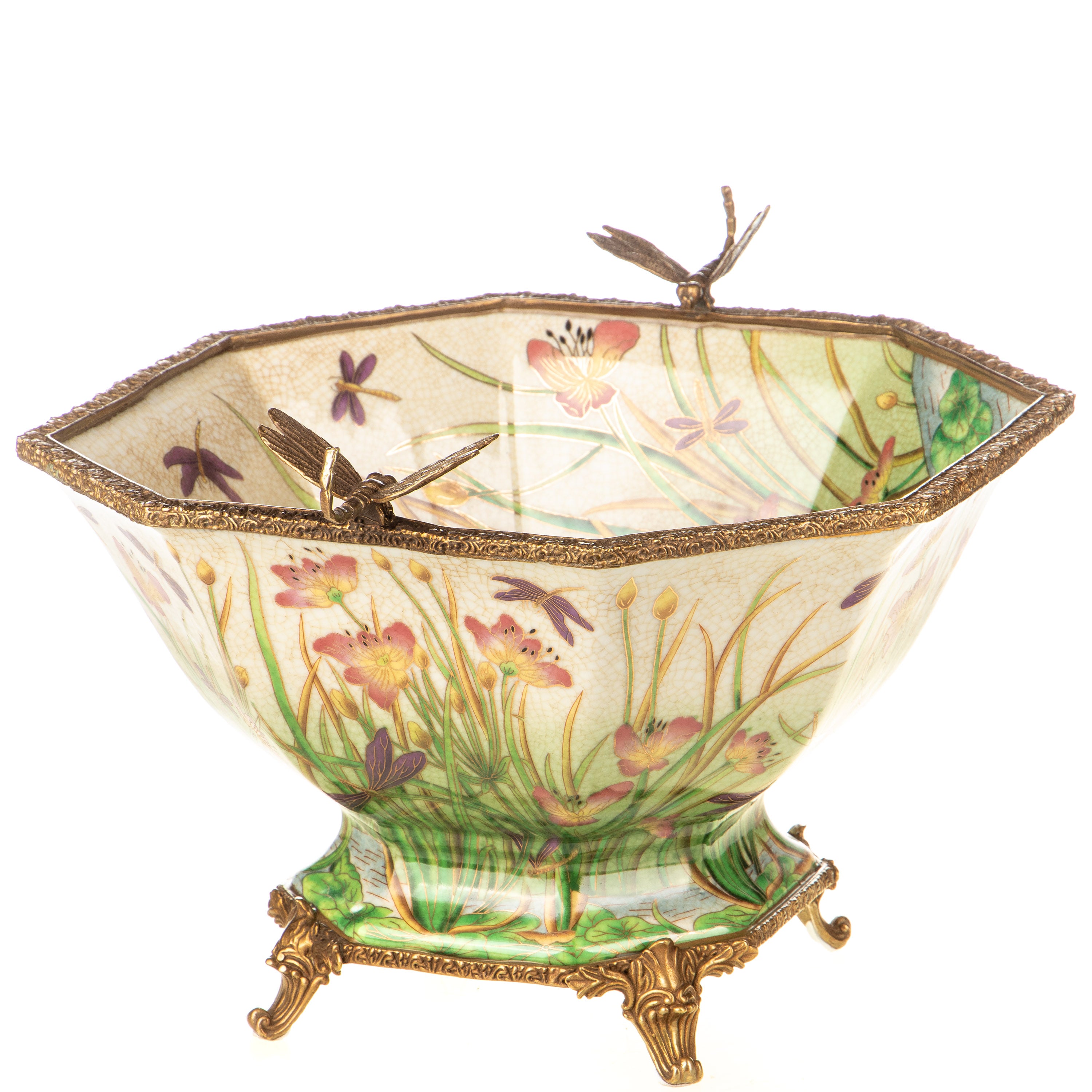 Porzellanschale mit Bronze – Wiesenblumen & Libellen – Jardiniere im Prunk Stil