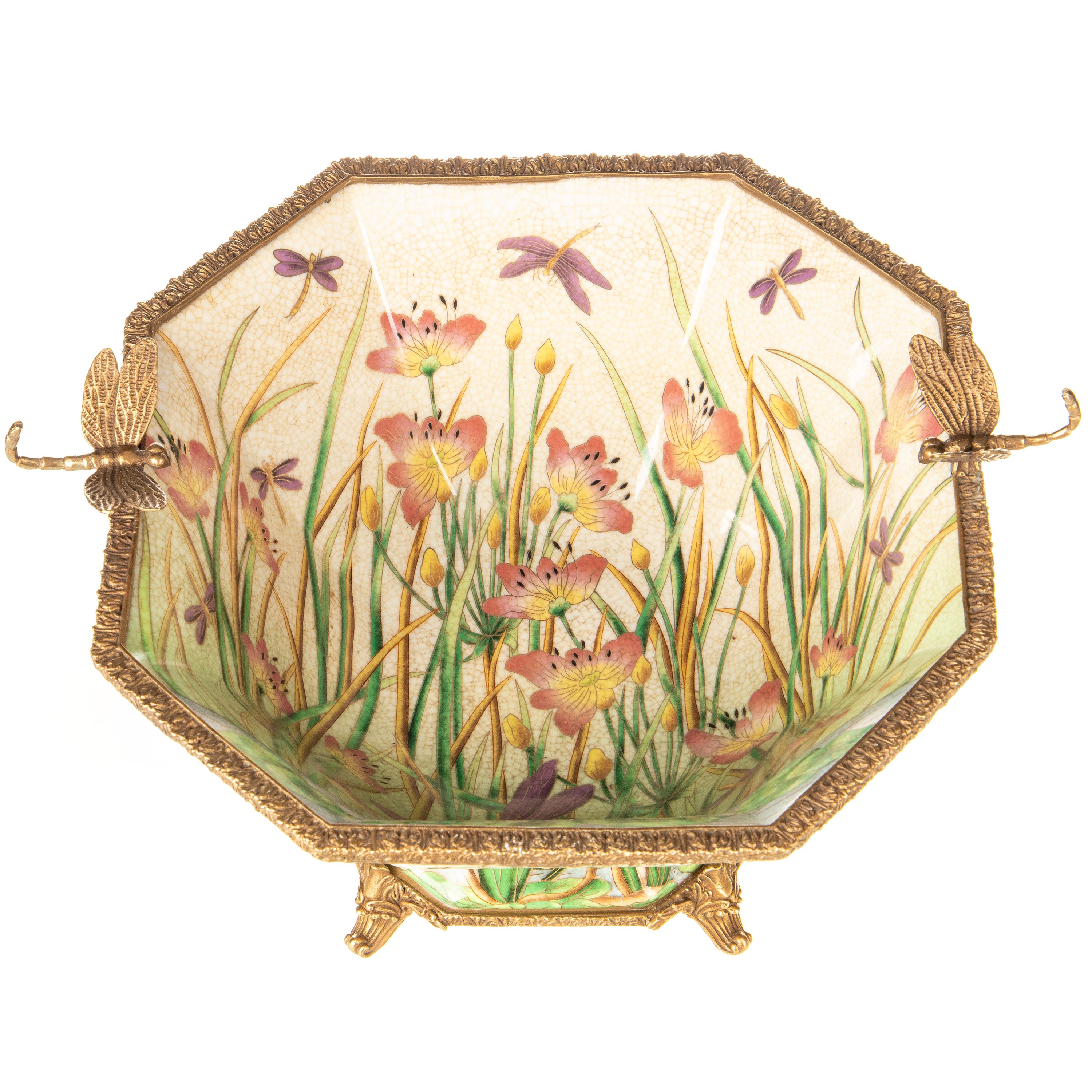 Porzellanschale mit Bronze – Wiesenblumen & Libellen – Jardiniere im Prunk Stil