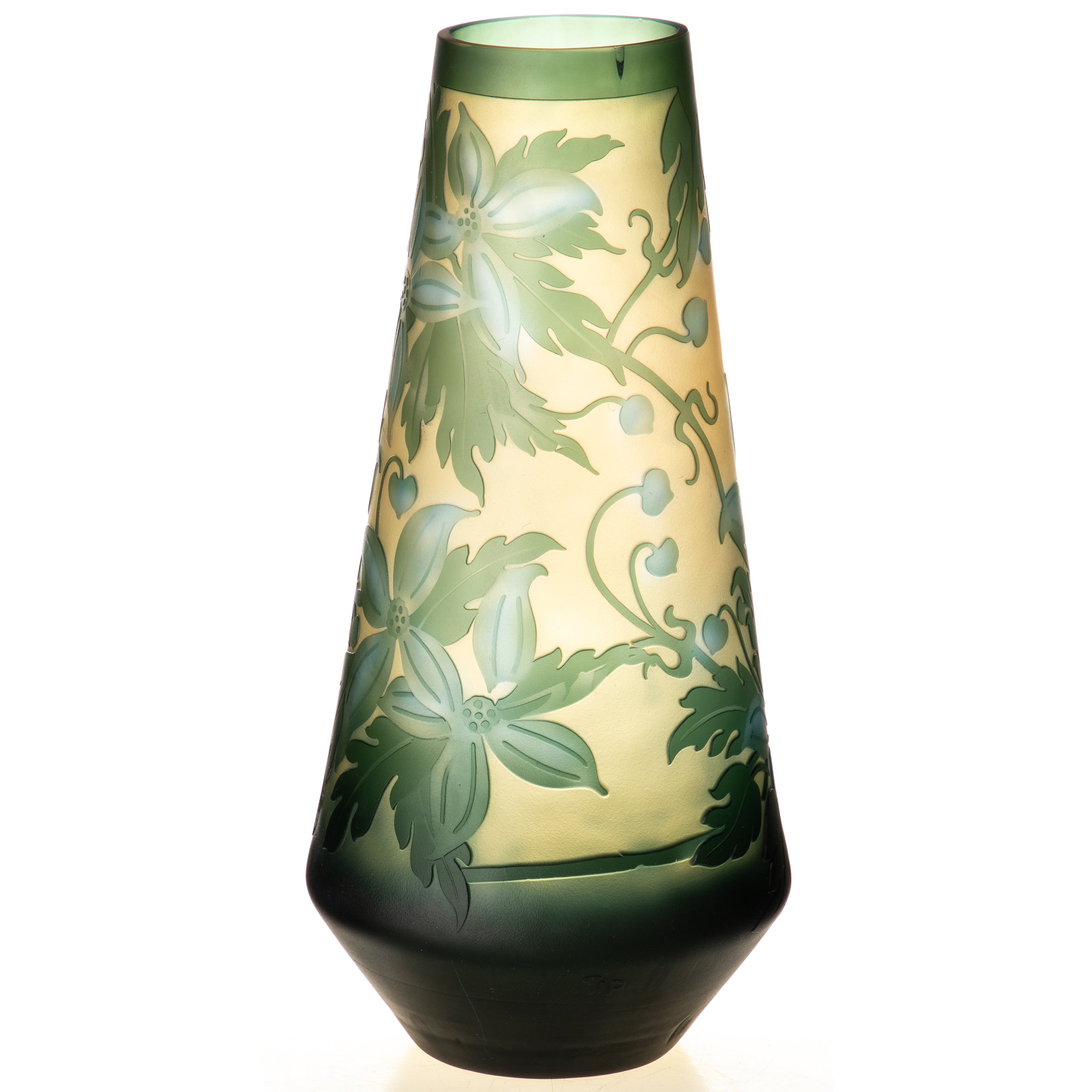 Gallé Stil Vase – Jugendstil Glasvase mit floralem Reliefdekor in Grün-Beige