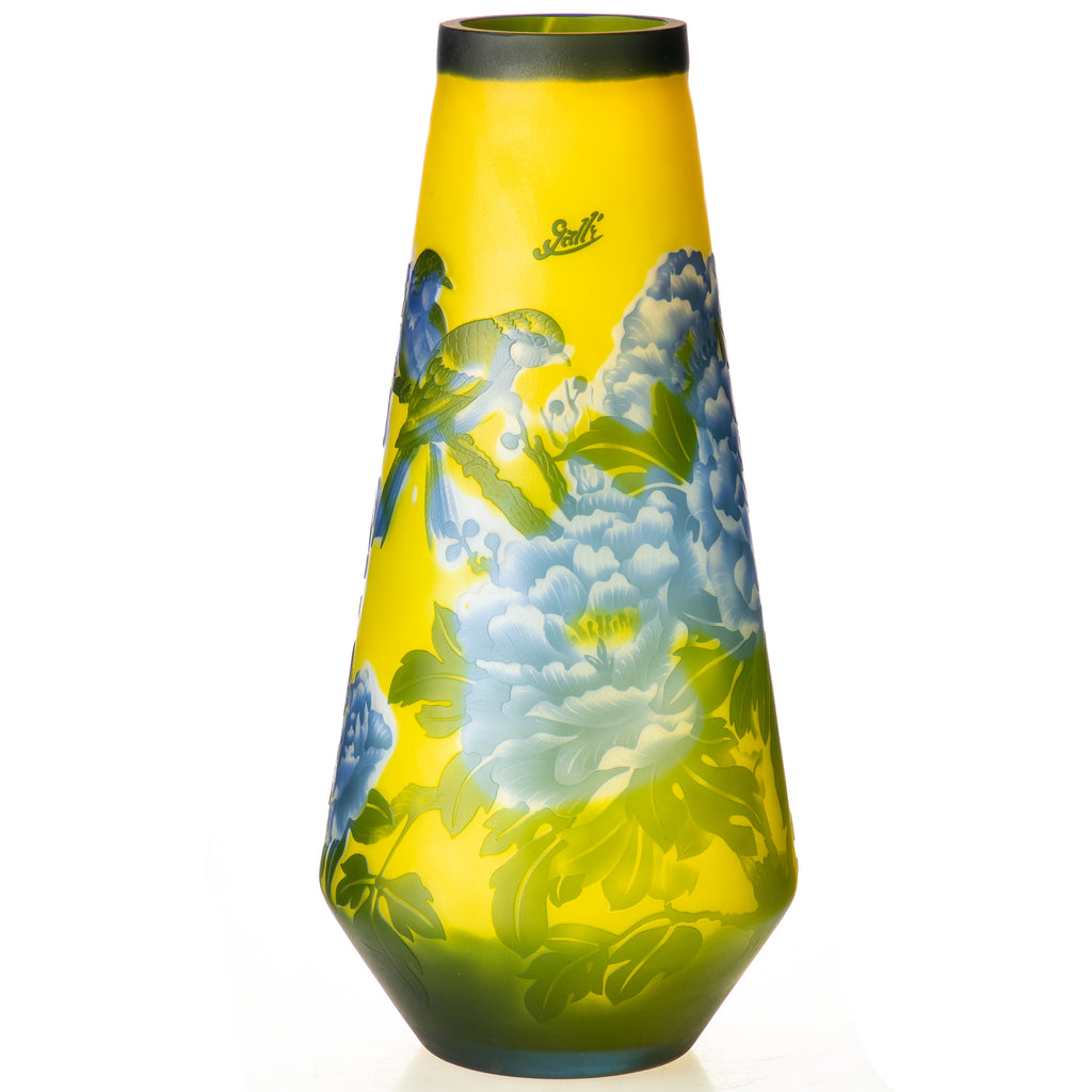 Vase im Gallé Stil – florale Cameo-Glaskunst mit Vogelmotiv & „Gallé“ Signatur