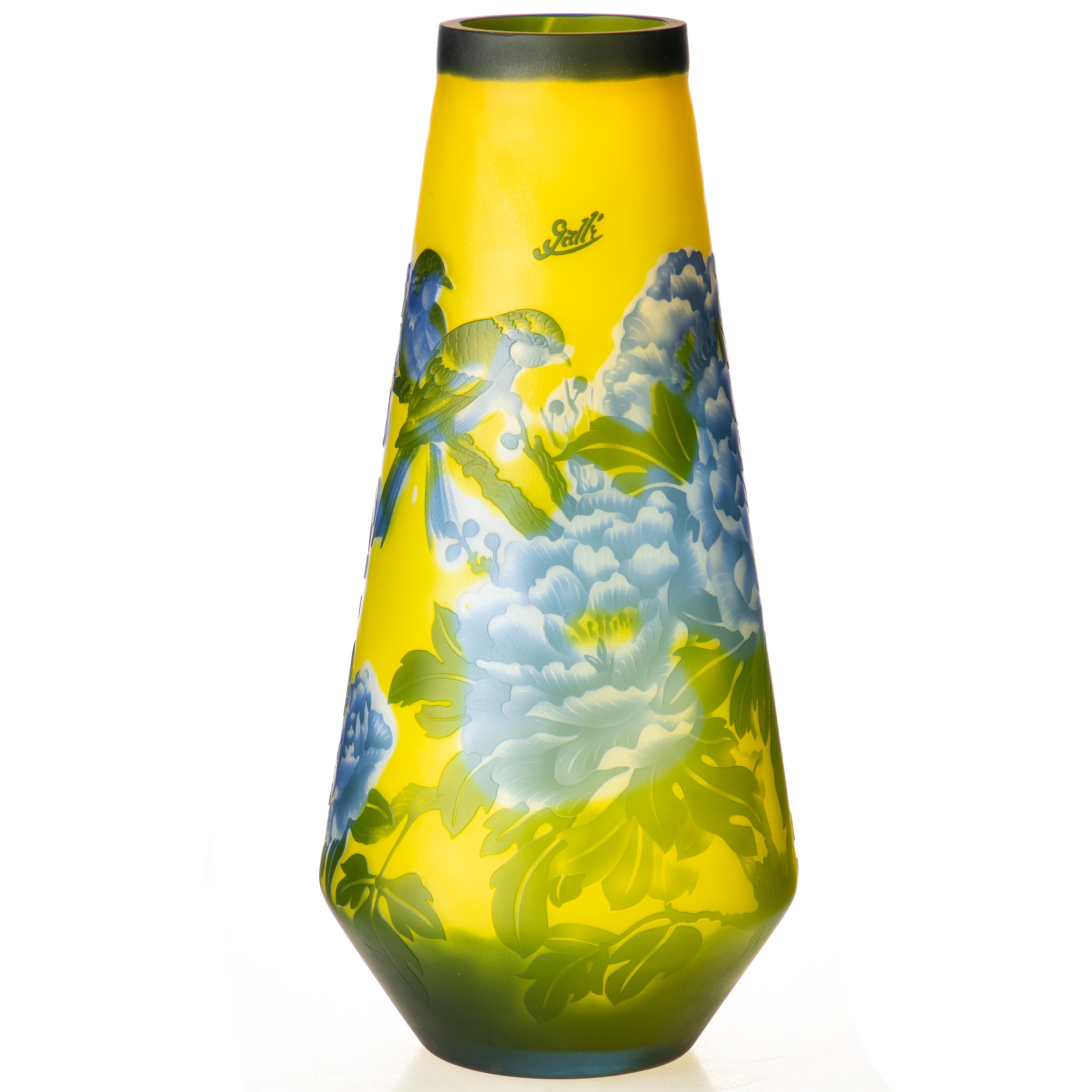 Vase im Gallé Stil – florale Cameo-Glaskunst mit Vogelmotiv & „Gallé“ Signatur