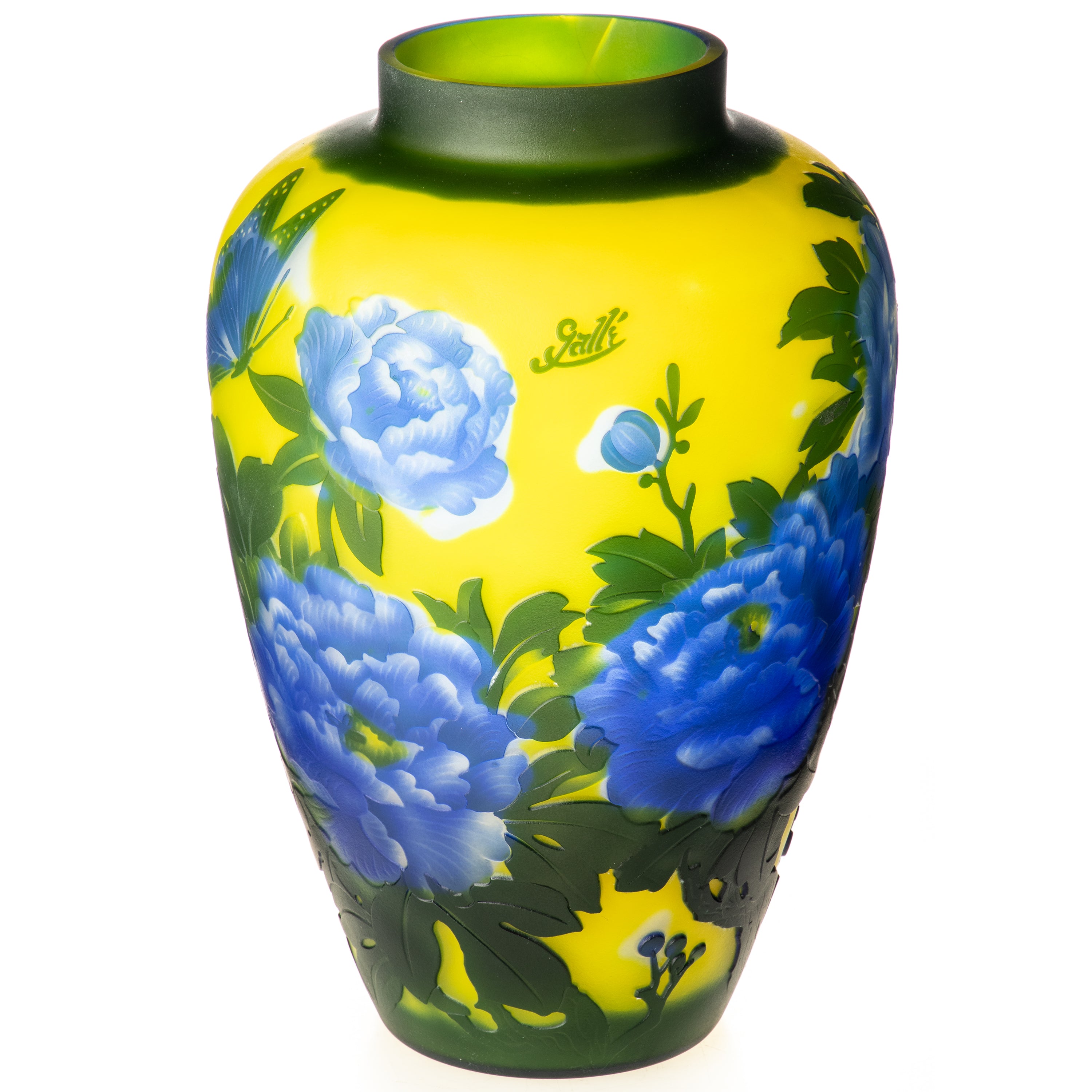 Vase im Gallé Stil aus Cameo Glas - blaues Blütenmotiv im Jugendstil & mit Gravur