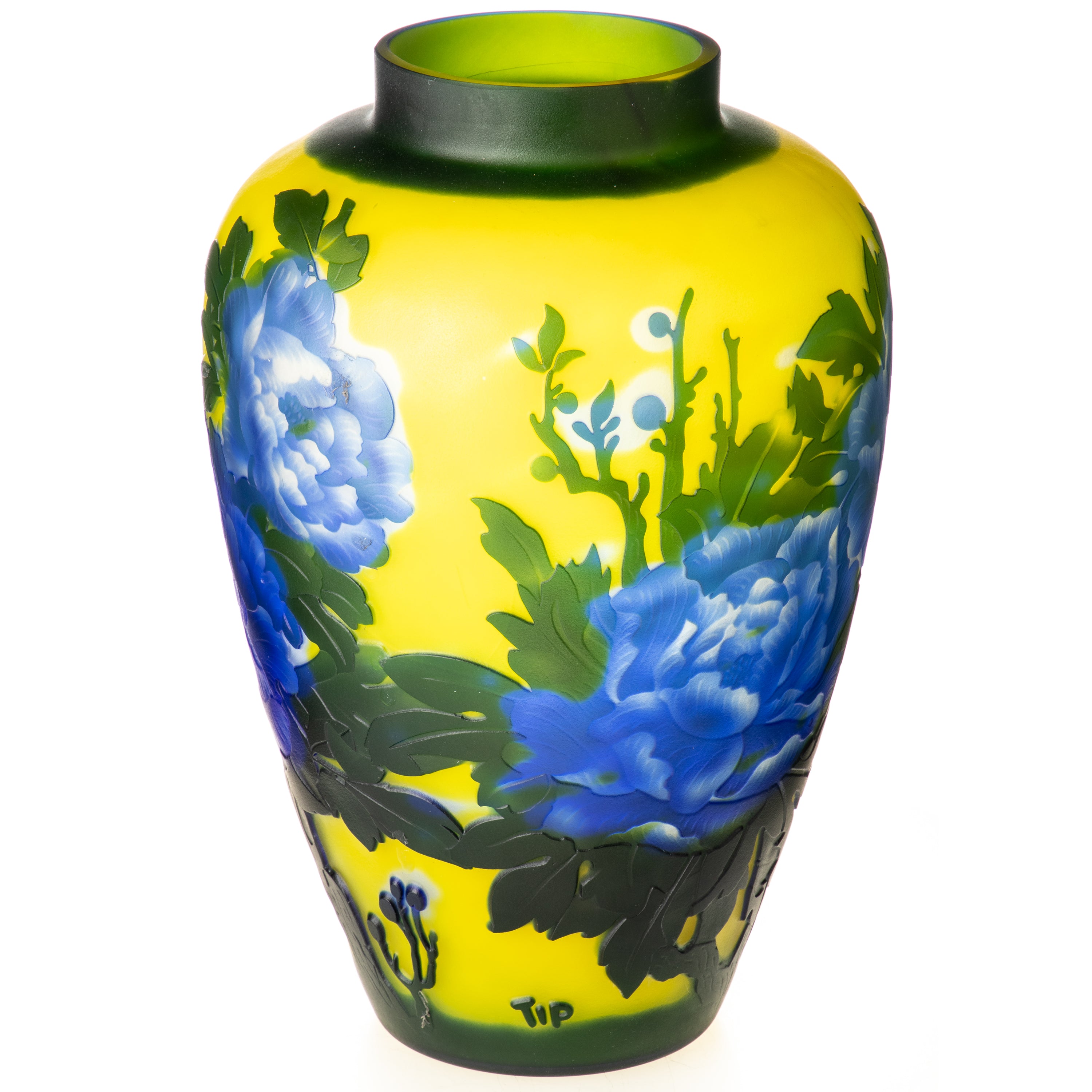 Vase im Gallé Stil aus Cameo Glas - blaues Blütenmotiv im Jugendstil & mit Gravur