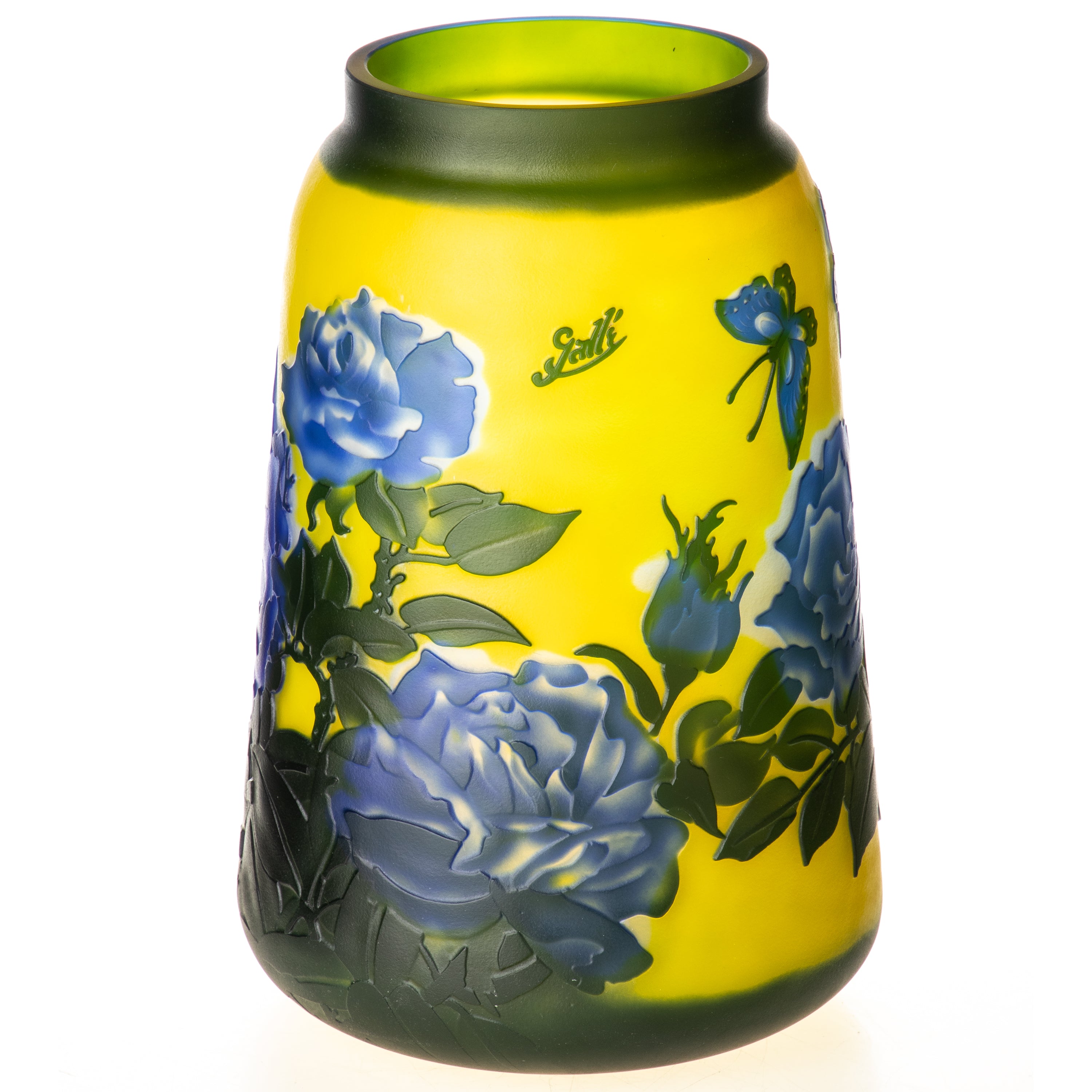 Vase im Gallé Stil aus Cameo Glas - blaue Rosen im Jugendstil & mit Gravur