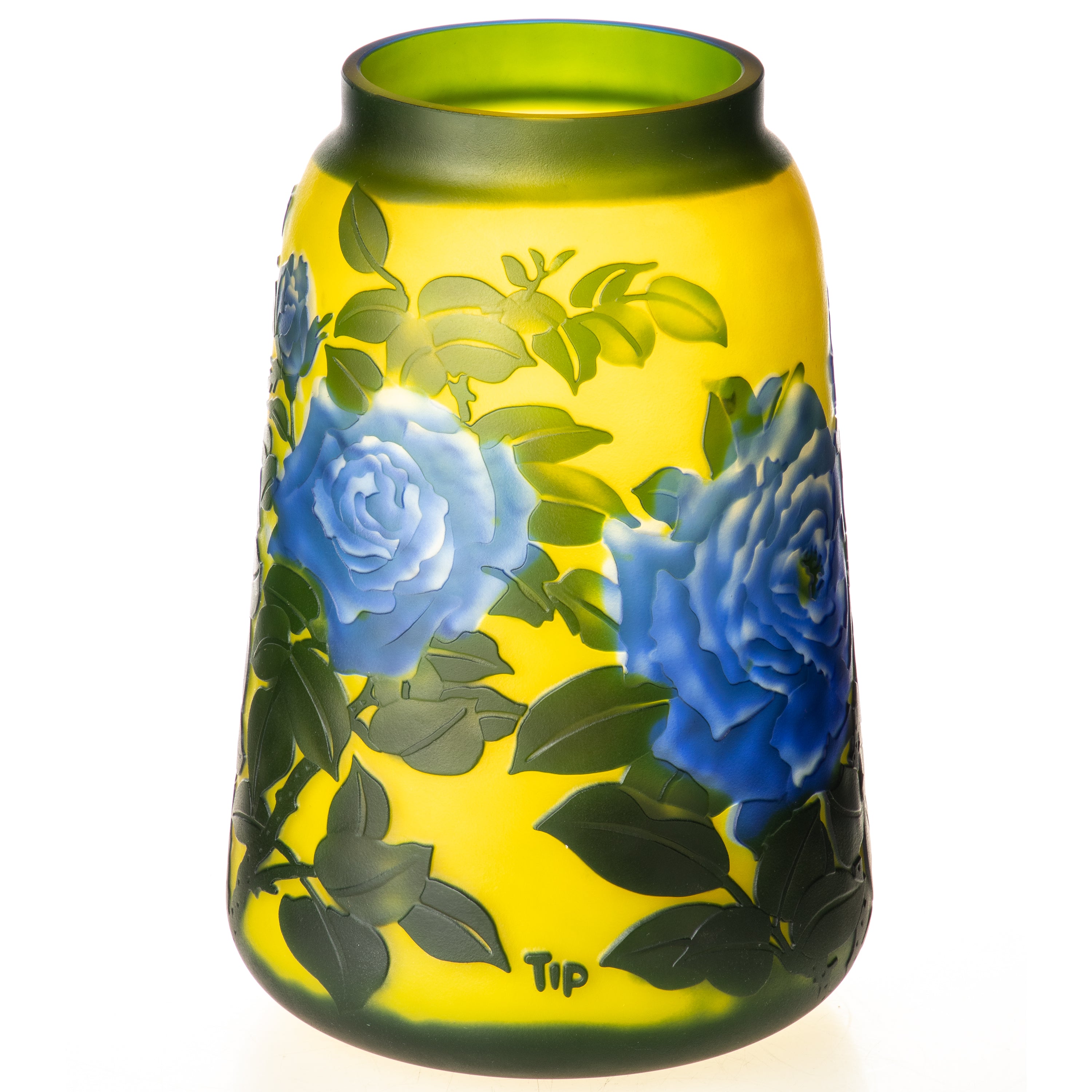 Vase im Gallé Stil aus Cameo Glas - blaue Rosen im Jugendstil & mit Gravur
